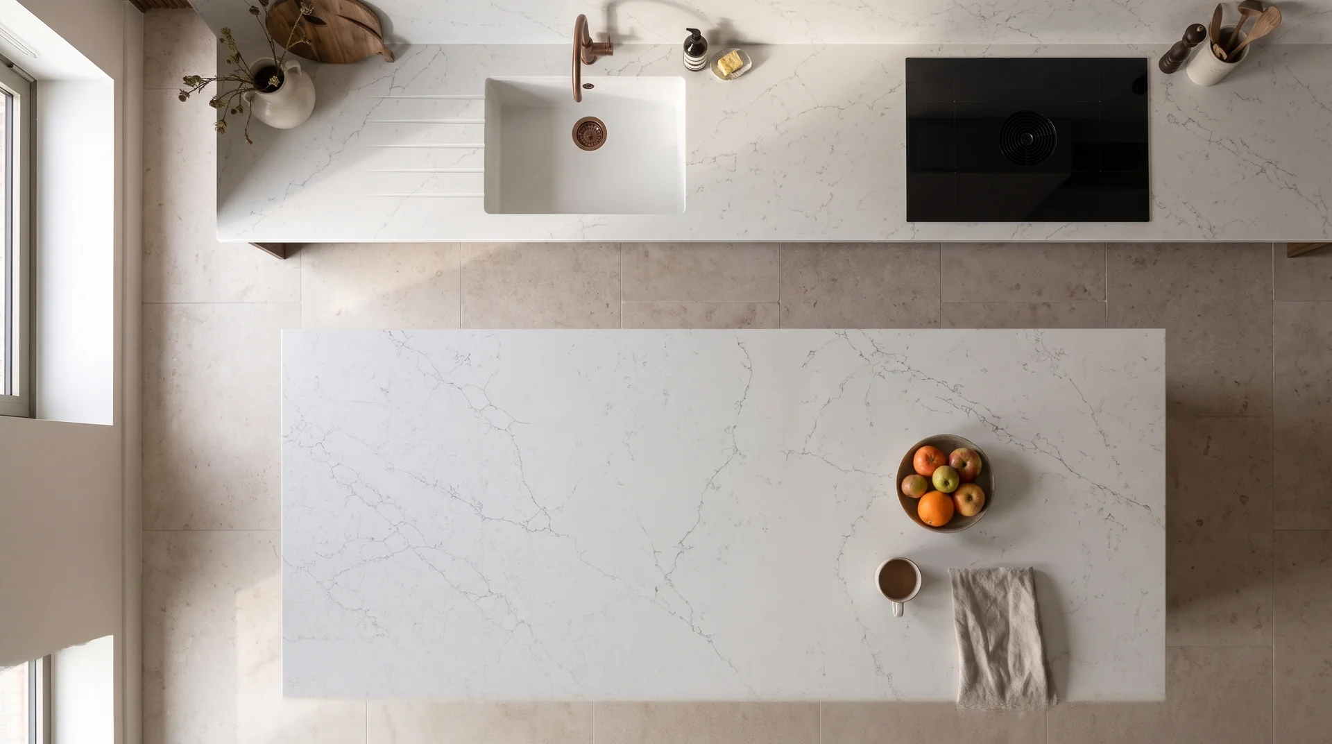 Alaska Bianca quartz worktop shown from an overhead kitchen view