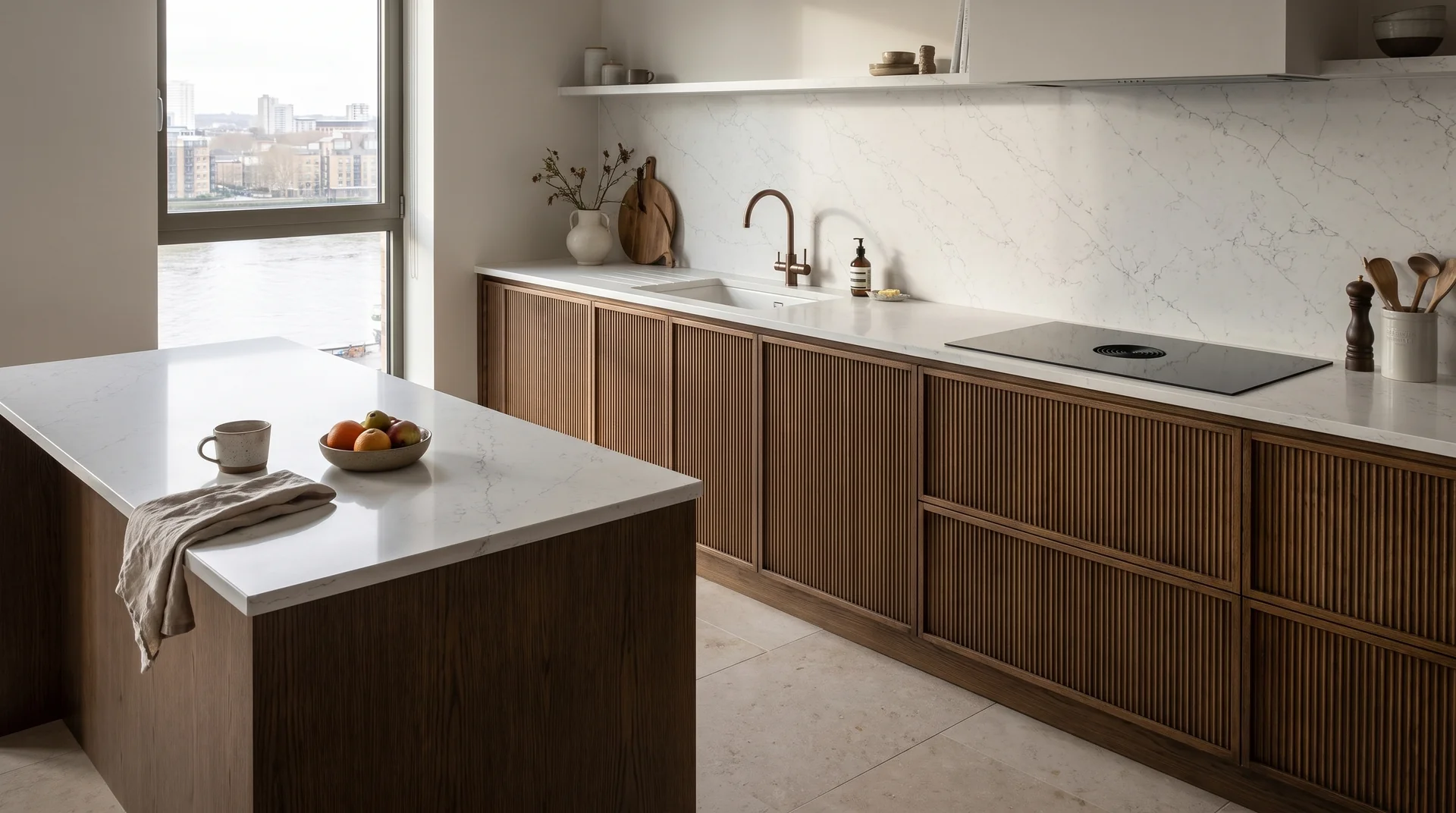 Alaska Bianca Modern Quartz Stone worktop in a wide kitchen view