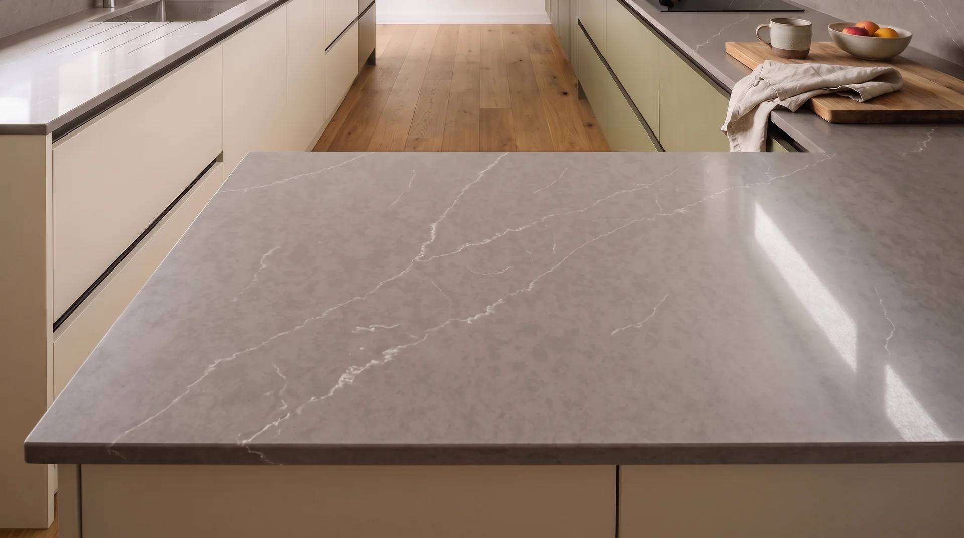 Alaska Grey quartz worktop close-up showing surface detail