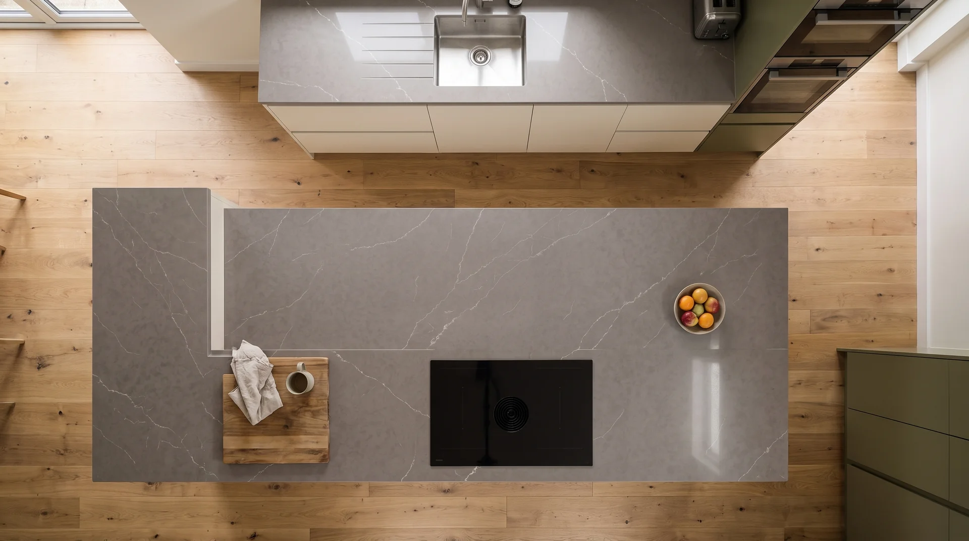 Alaska Grey quartz worktop shown from an overhead kitchen view