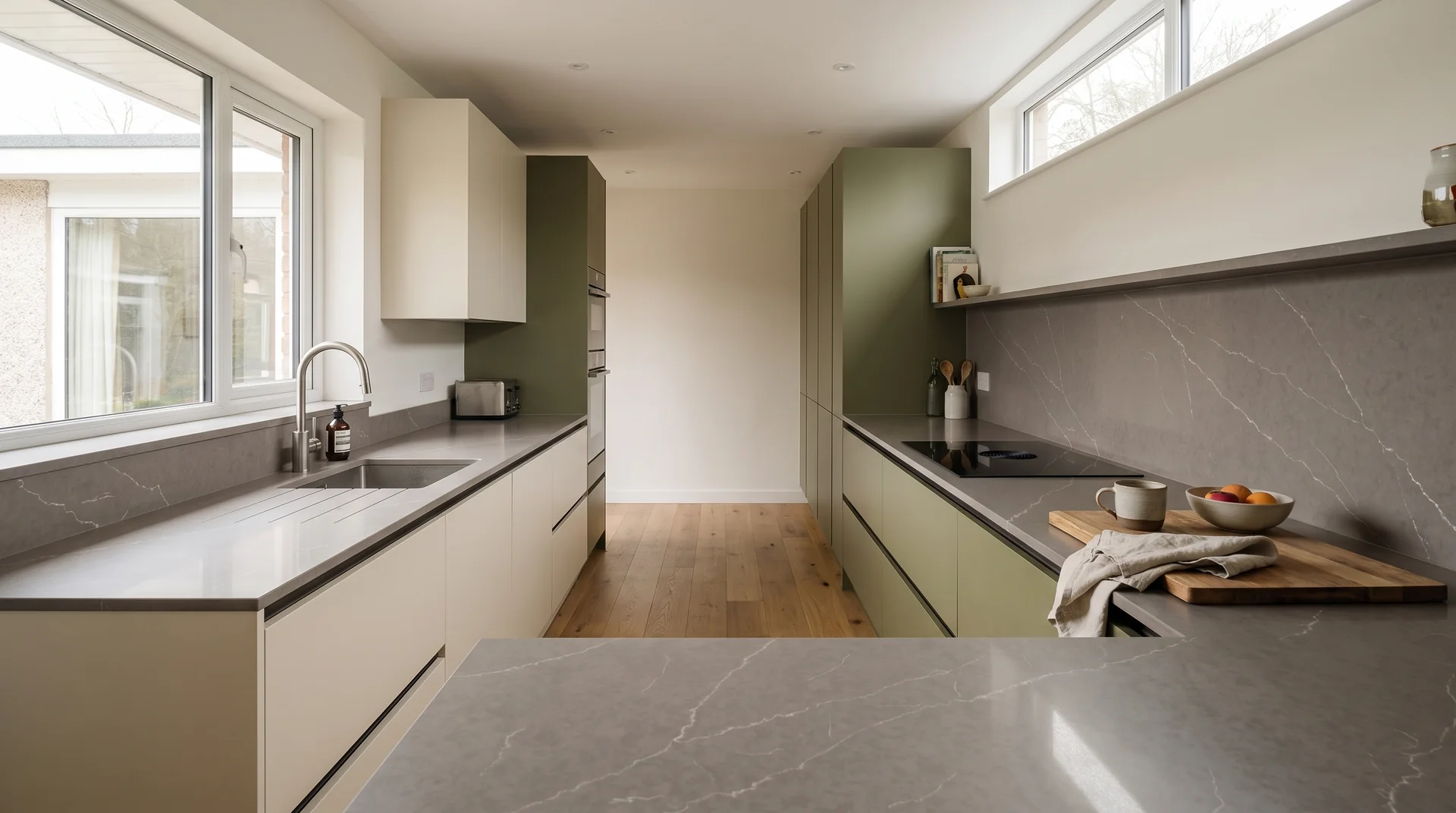 Alaska Grey Modern Quartz Stone worktop in a wide kitchen view