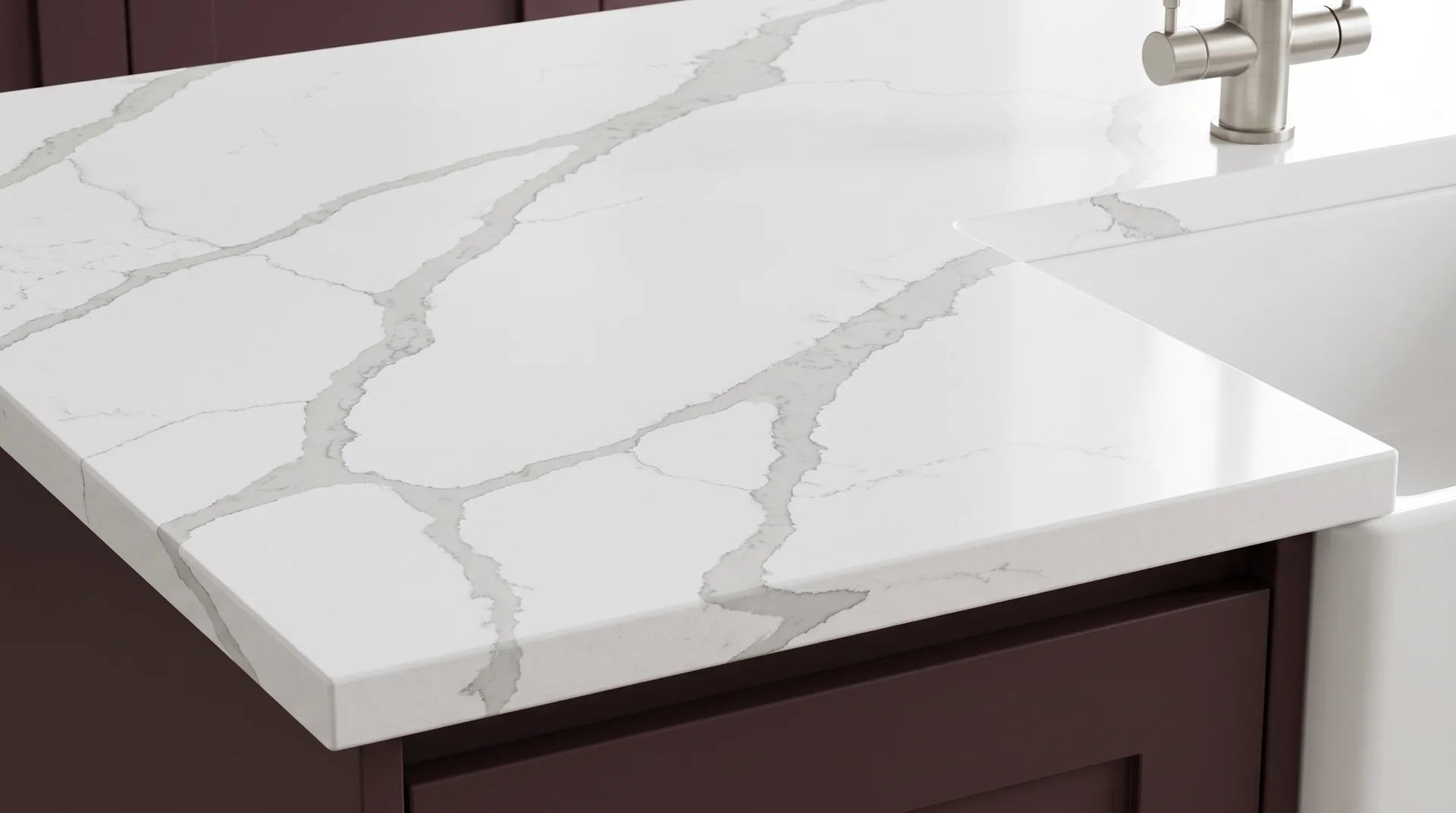 Statuario Bromio quartz worktop close-up showing surface detail