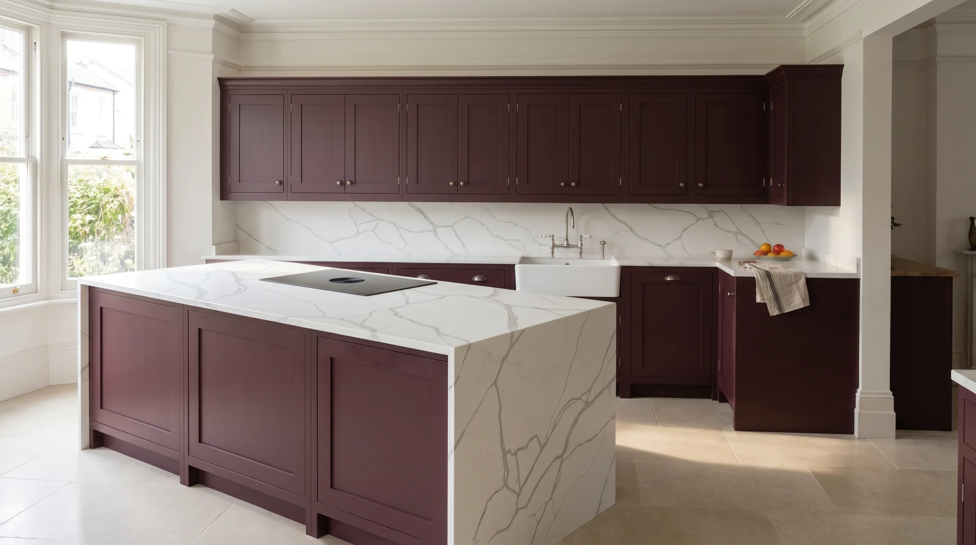 Statuario Bromio Modern Quartz Stone worktop in a wide kitchen view