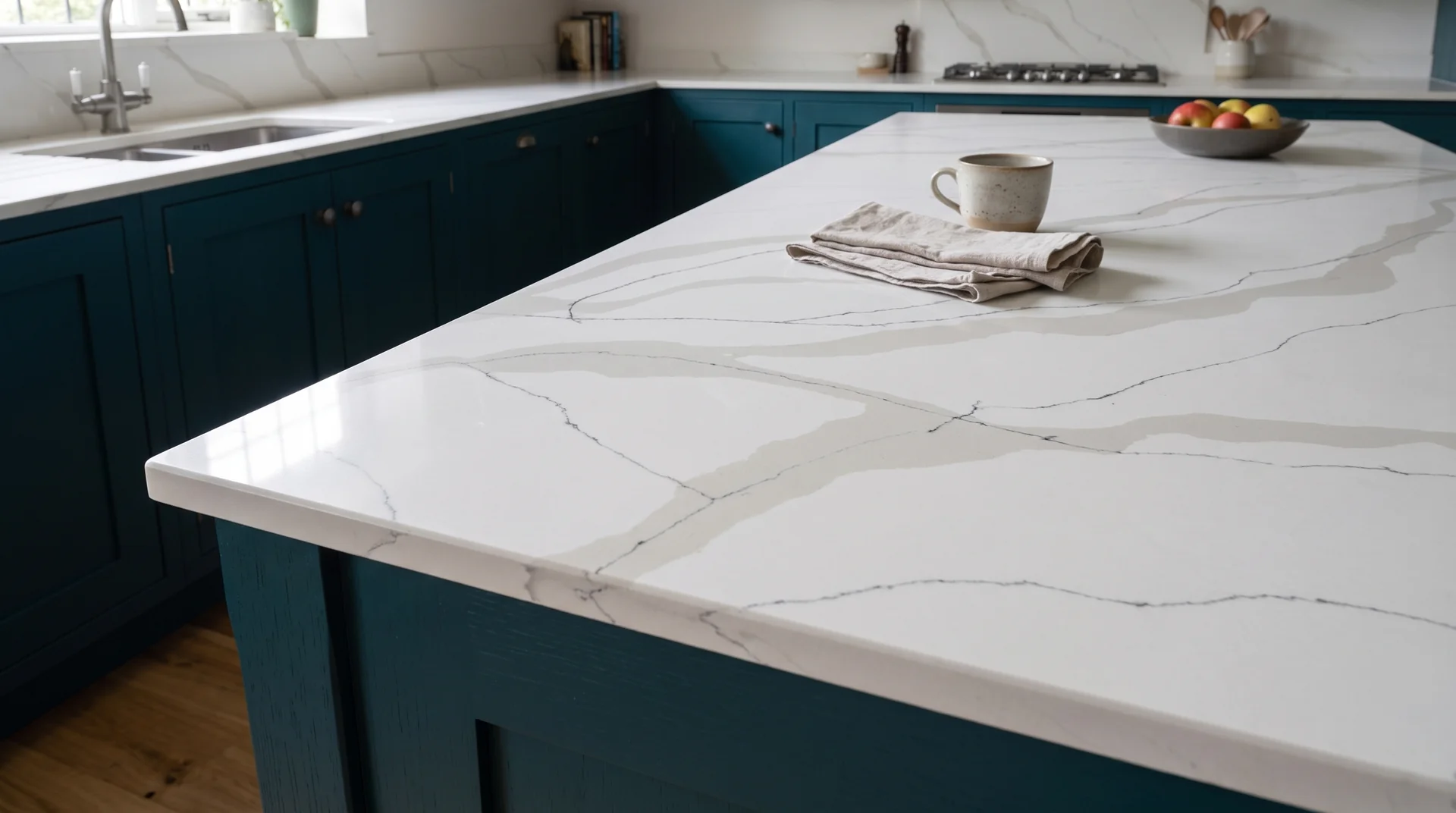 Statuario Oro quartz worktop close-up showing surface detail