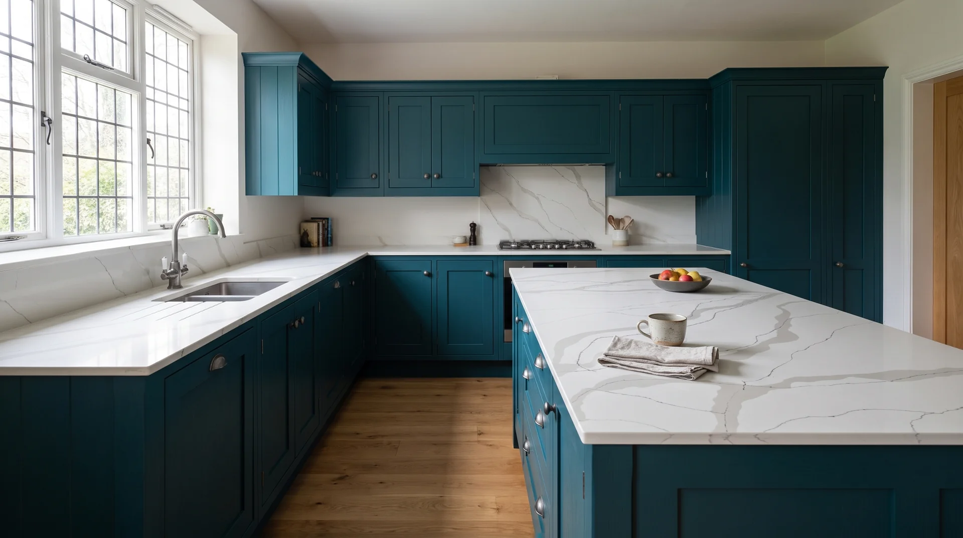 Statuario Oro Modern Quartz Stone worktop in a wide kitchen view