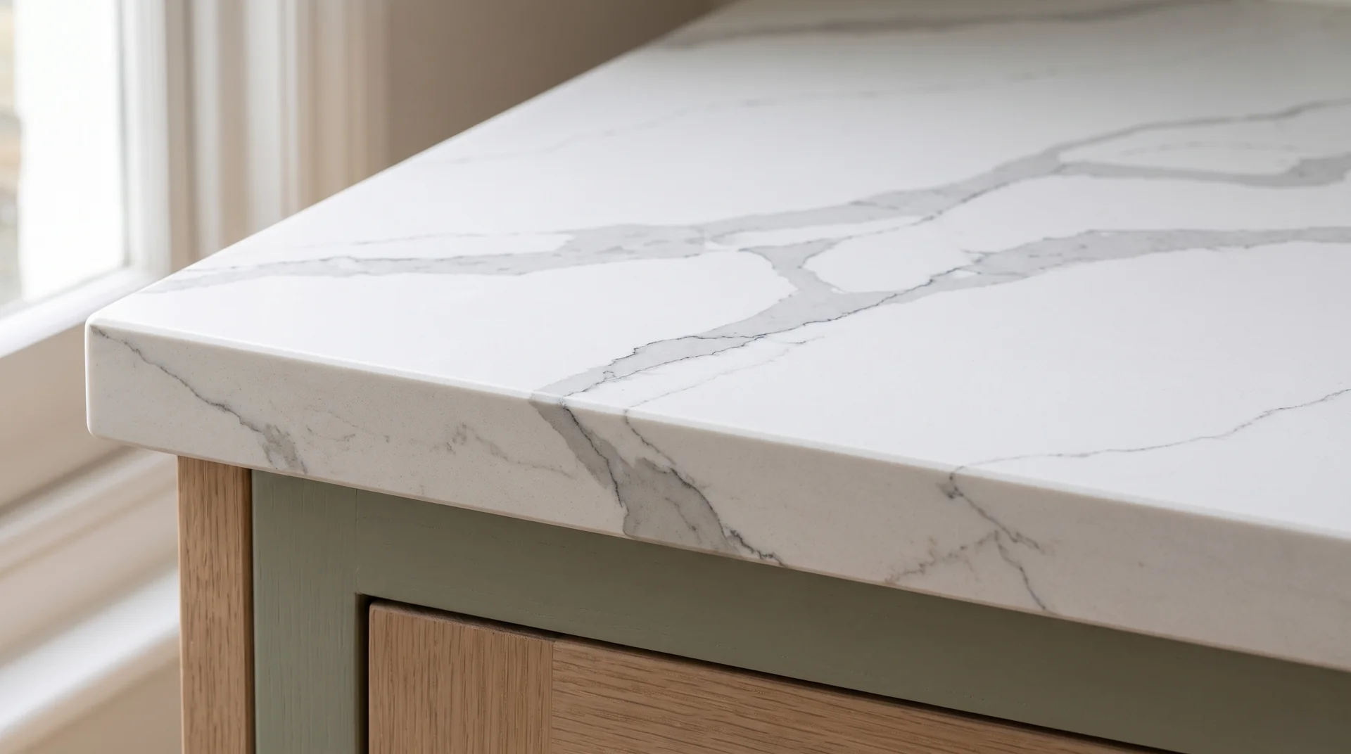 Calacatta Gris quartz worktop close-up showing surface detail