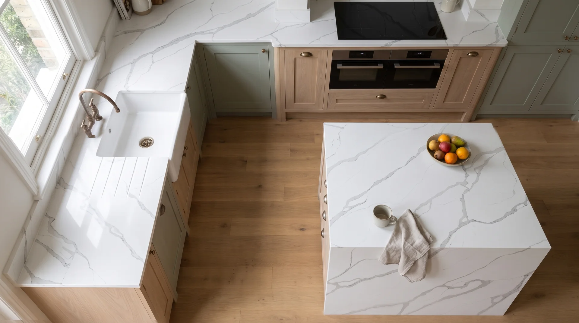 Calacatta Gris quartz worktop shown from an overhead kitchen view