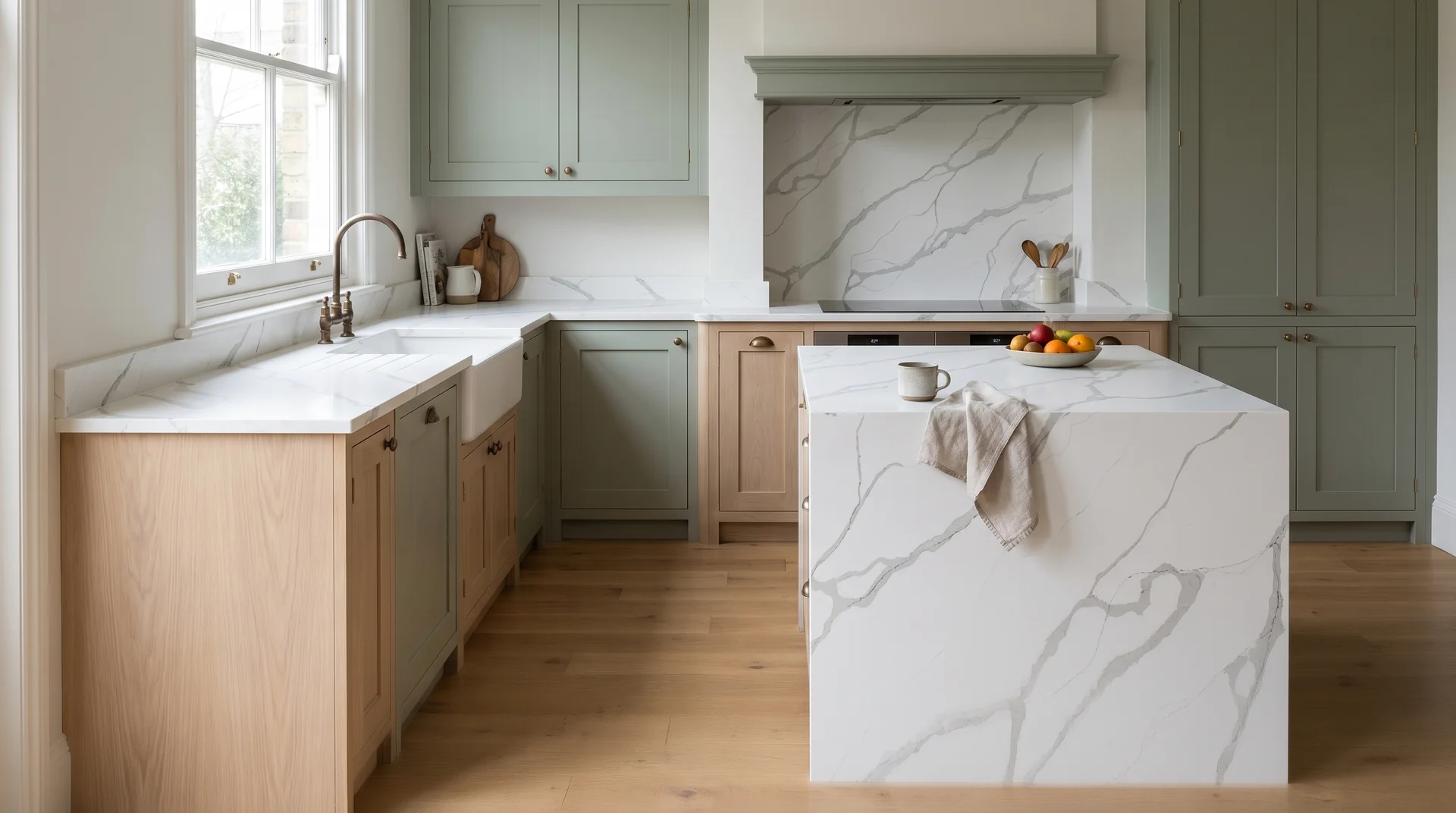 Calacatta Gris Modern Quartz Stone worktop in a wide kitchen view