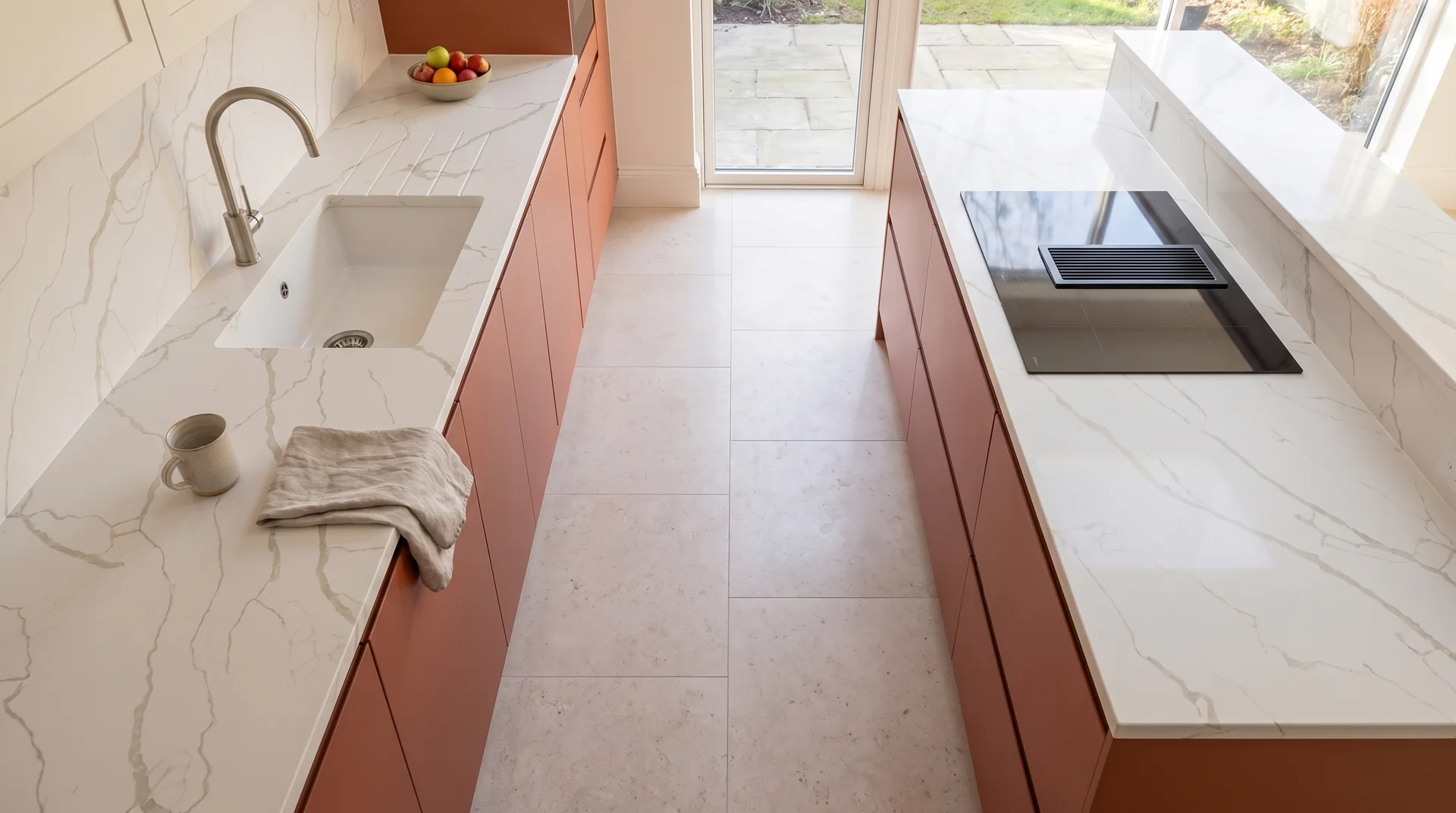 Calacatta Protofinio quartz worktop shown from an overhead kitchen view