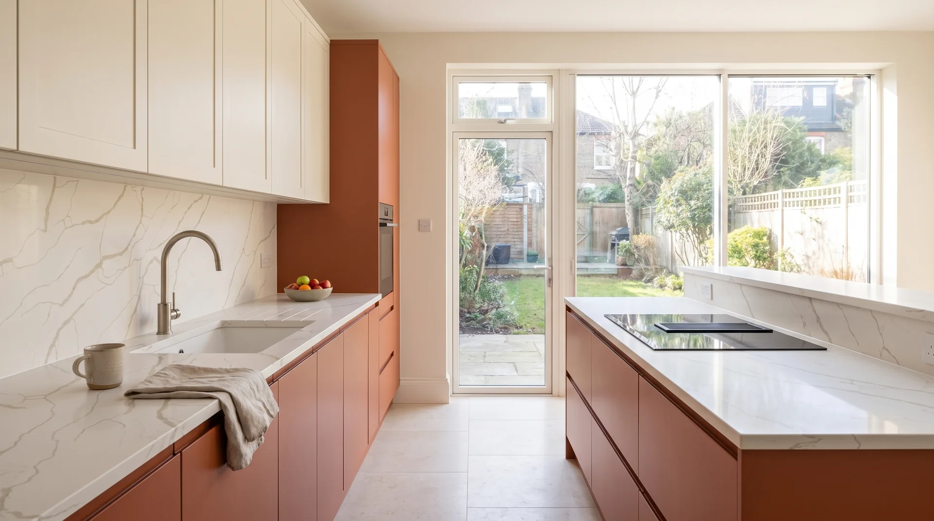 Calacatta Protofinio Modern Quartz Stone worktop in a wide kitchen view