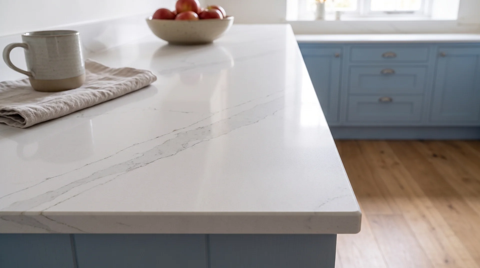 Calacatta Light quartz worktop close-up showing surface detail