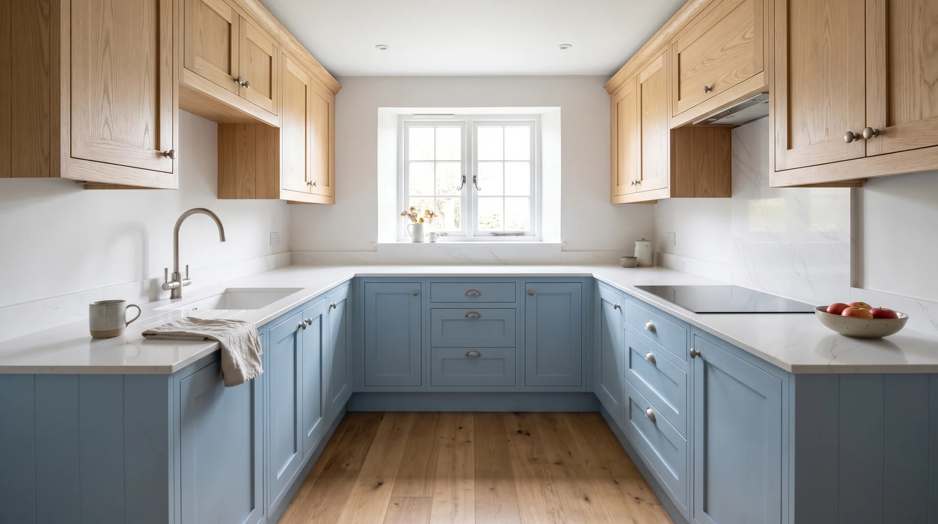 Calacatta Light Modern Quartz Stone worktop in a wide kitchen view