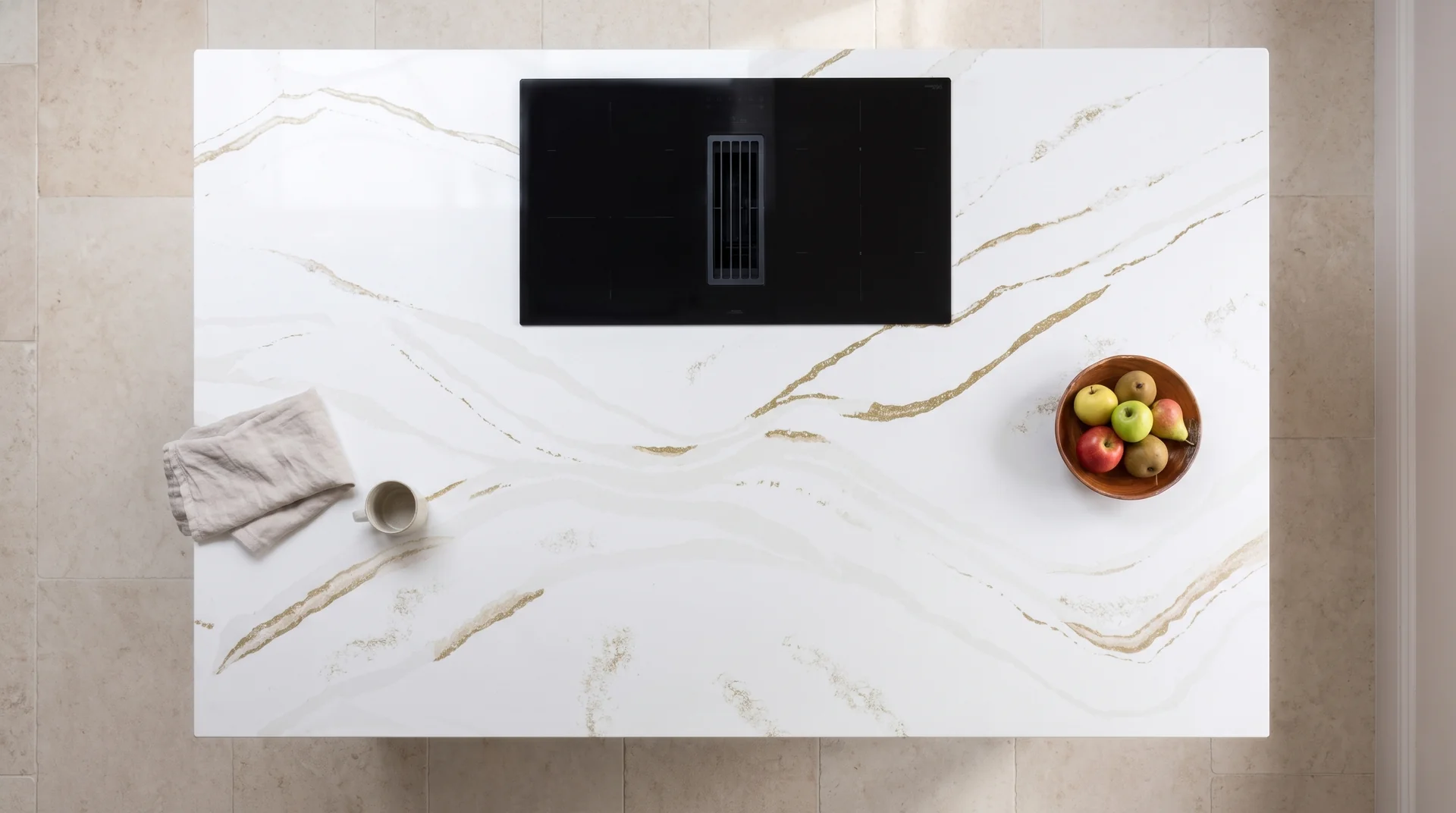Brittanicca Gold quartz worktop shown from an overhead kitchen view