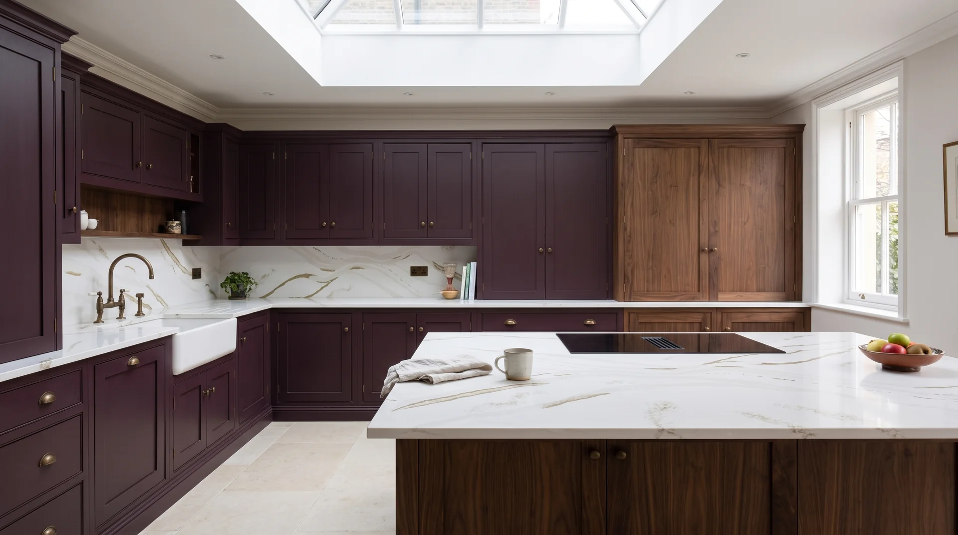 Brittanicca Gold Modern Quartz Stone worktop in a wide kitchen view
