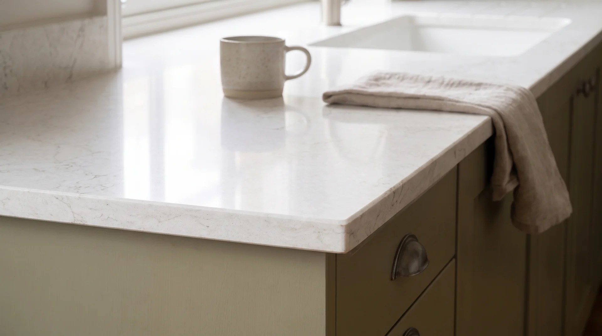 Statuario Gold quartz worktop close-up showing surface detail