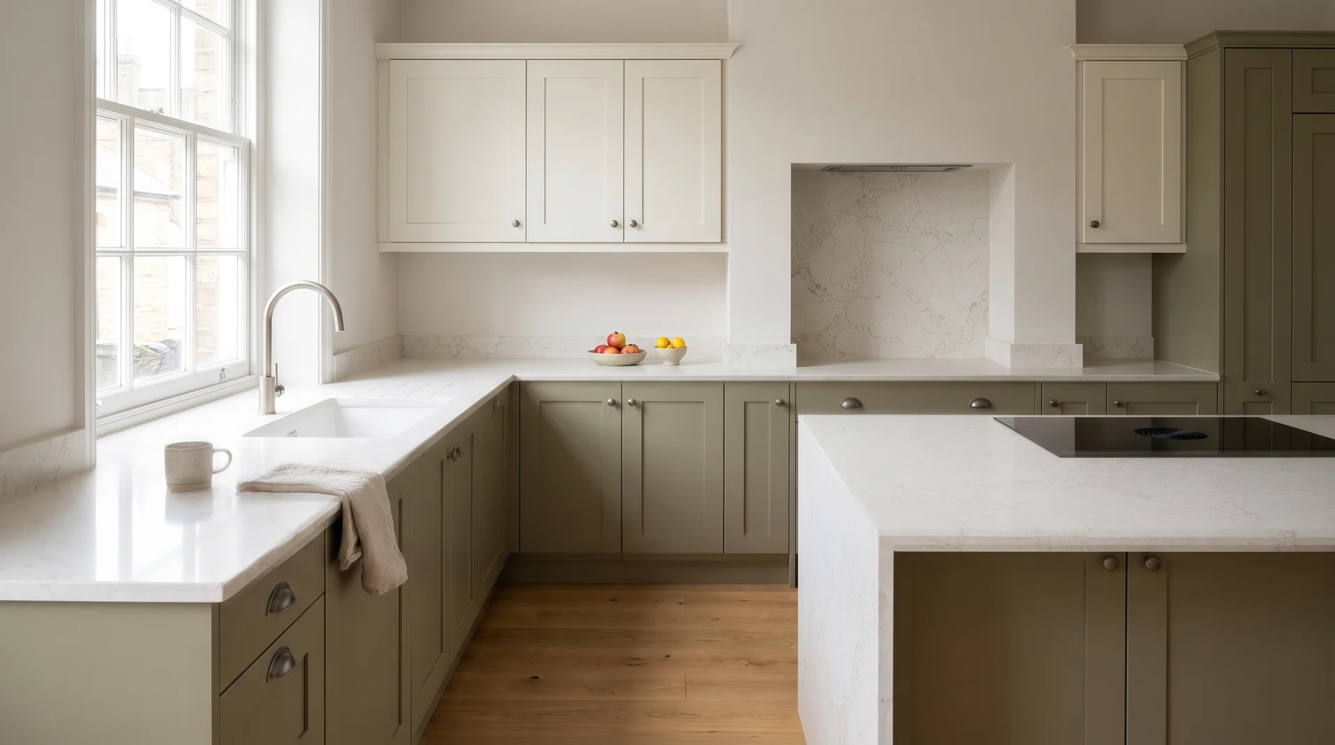 Statuario Gold Modern Quartz Stone worktop in a wide kitchen view