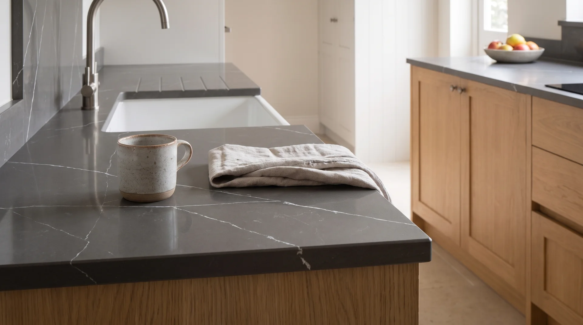 Catania quartz worktop close-up showing surface detail