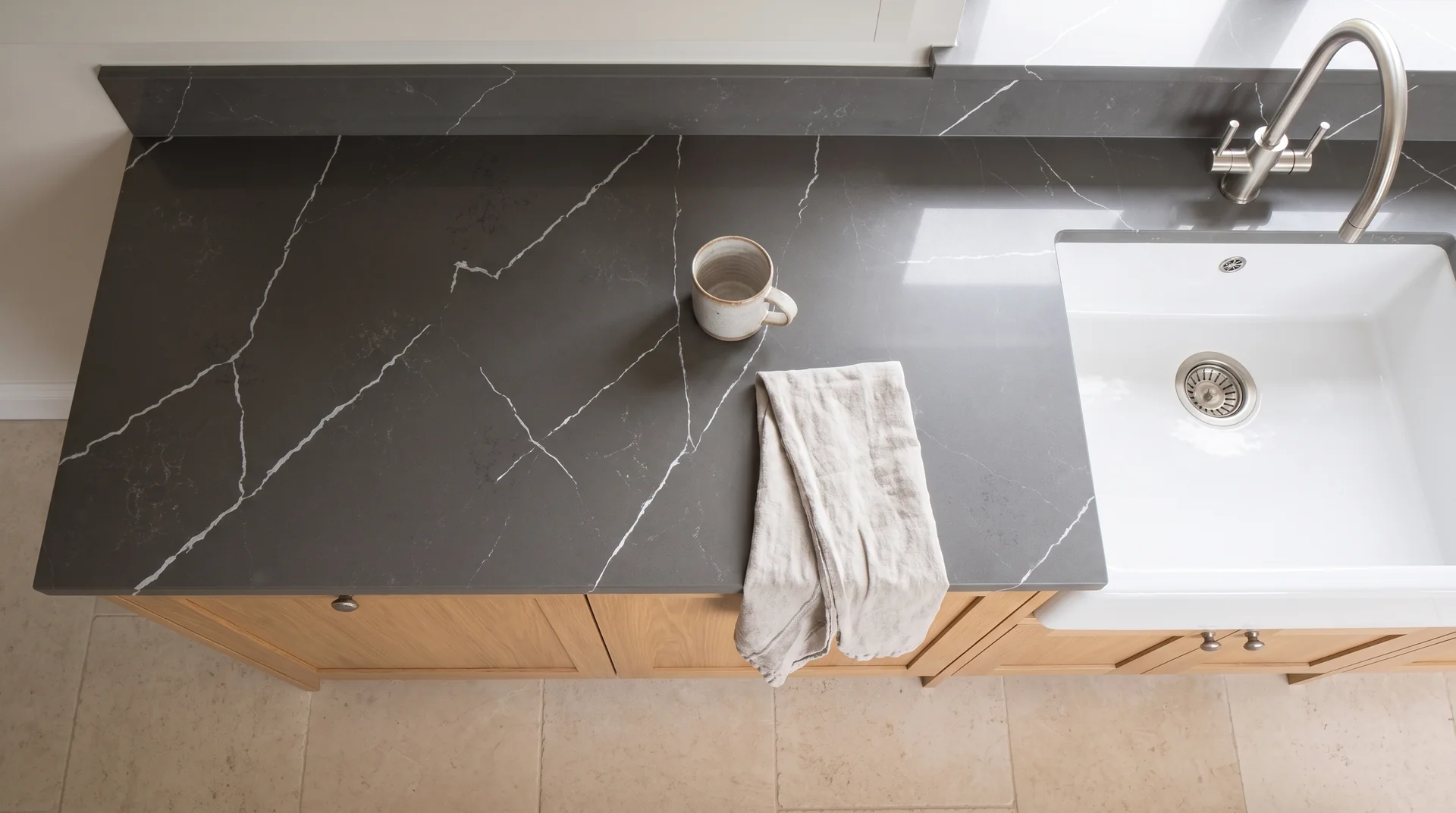 Catania quartz worktop shown from an overhead kitchen view