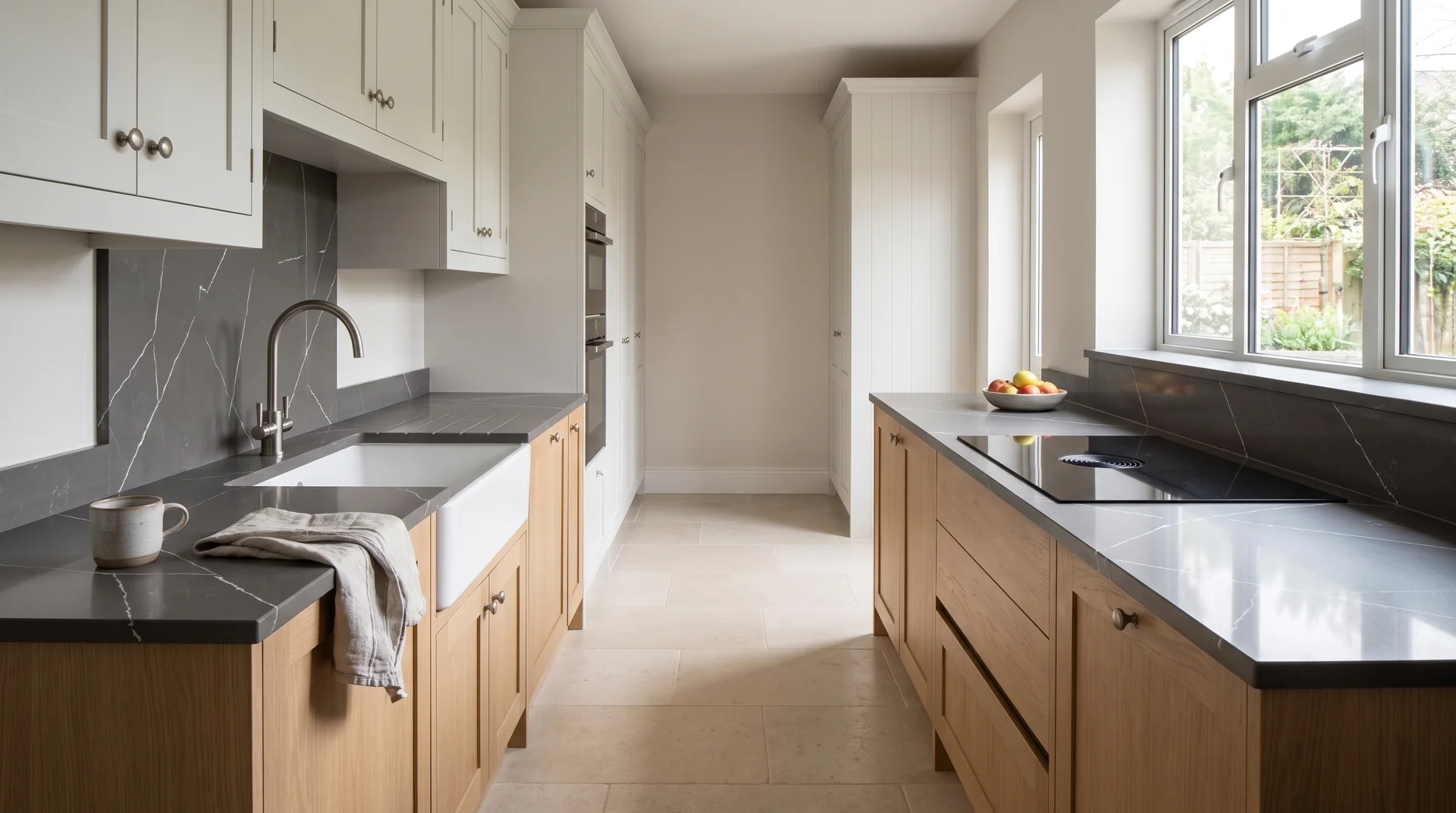 Catania Modern Quartz Stone worktop in a wide kitchen view