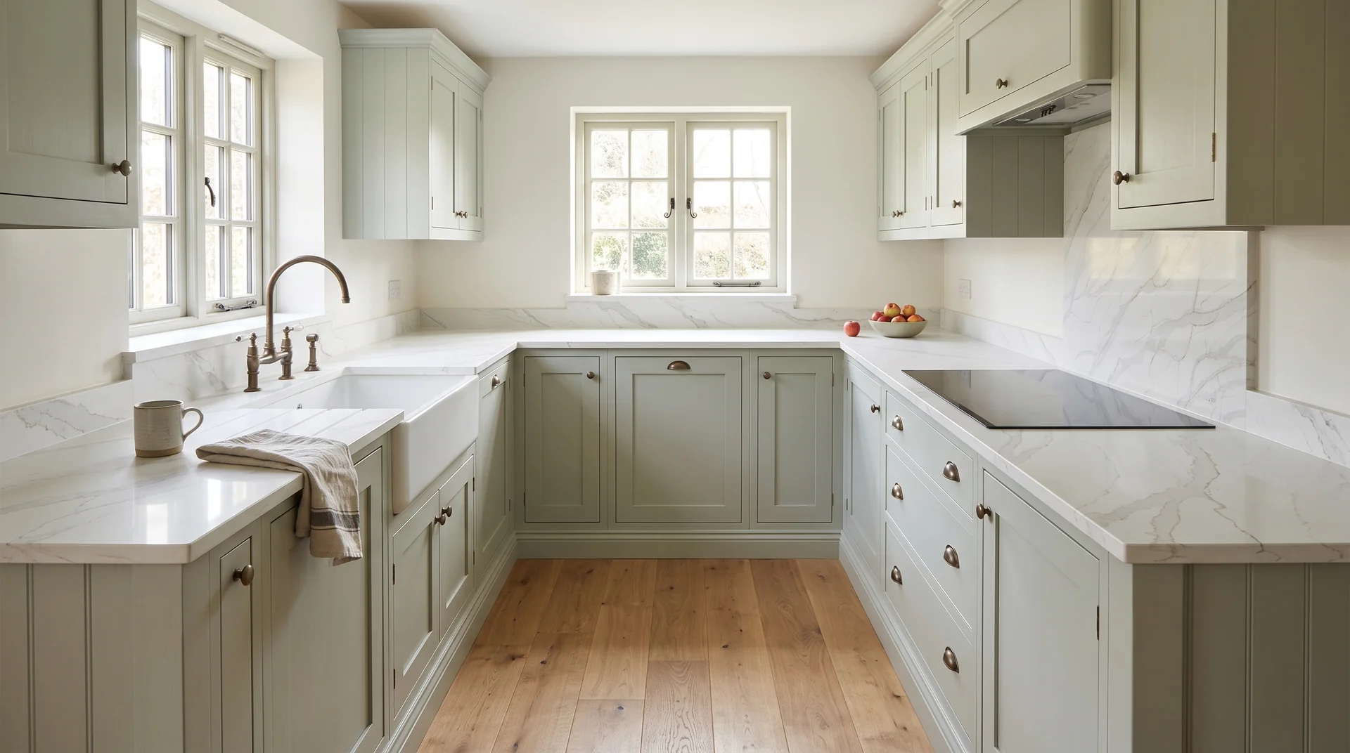 Calacatta Gold Modern Quartz Stone worktop in a wide kitchen view