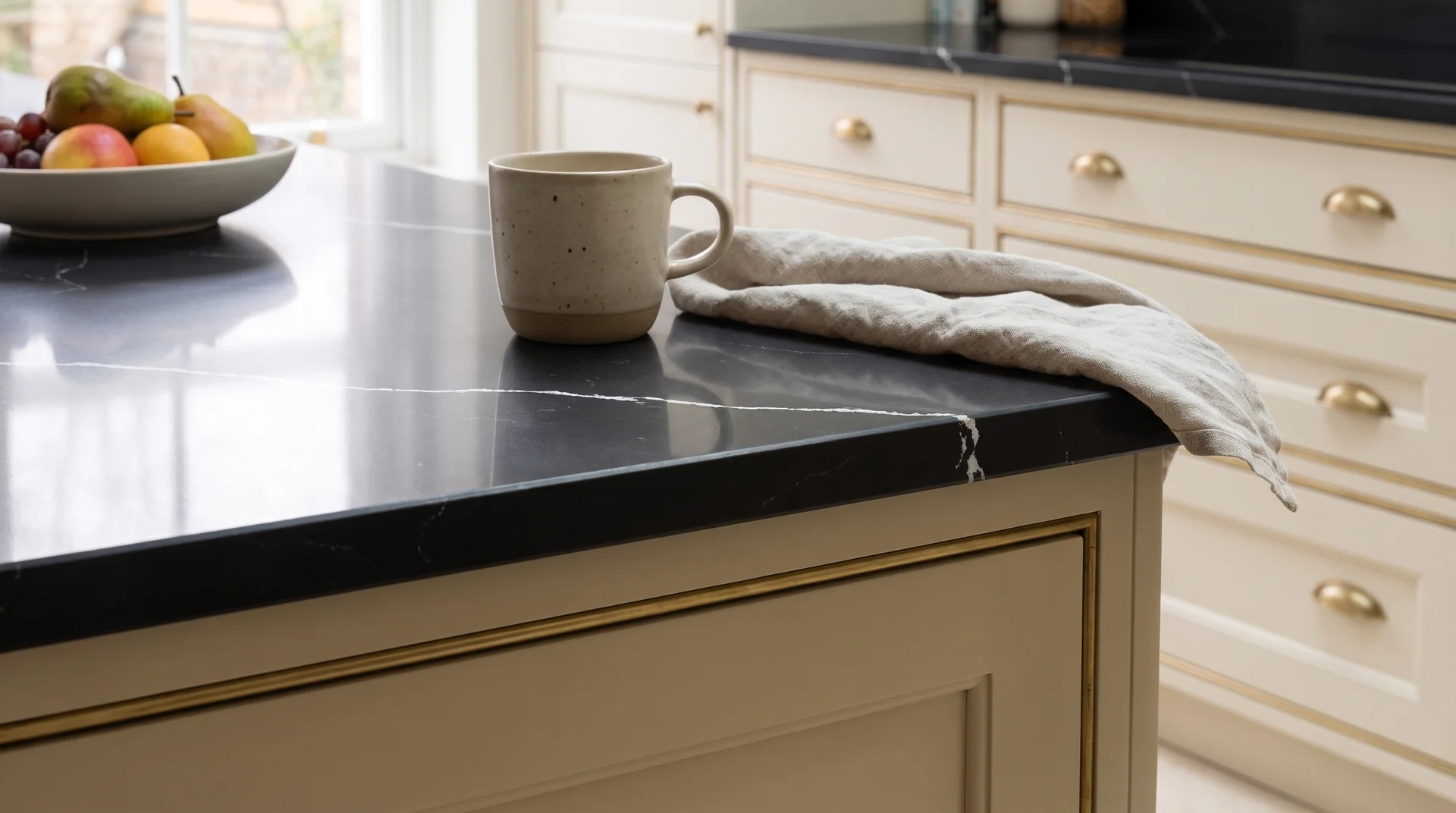 Black Marquina quartz worktop close-up showing surface detail