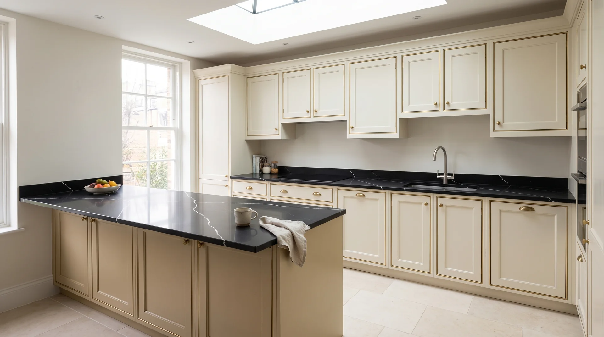 Black Marquina Modern Quartz Stone worktop in a wide kitchen view