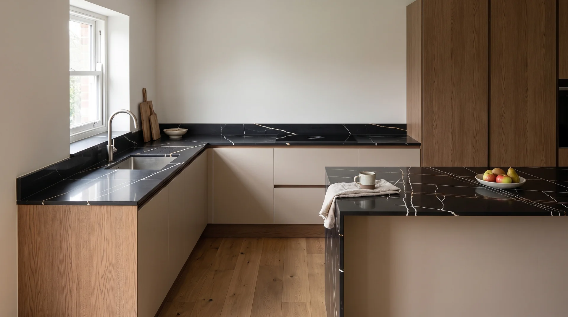 Sahara Noir Modern Quartz Stone worktop in a wide kitchen view