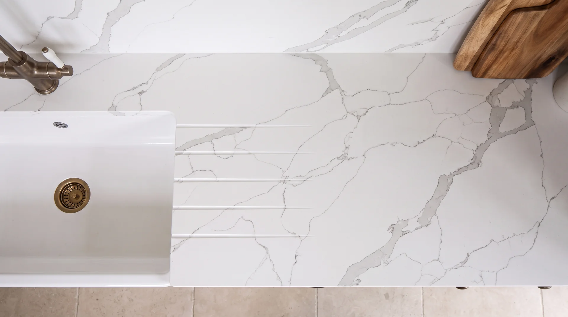 Calacatta Lusso quartz worktop shown from an overhead kitchen view