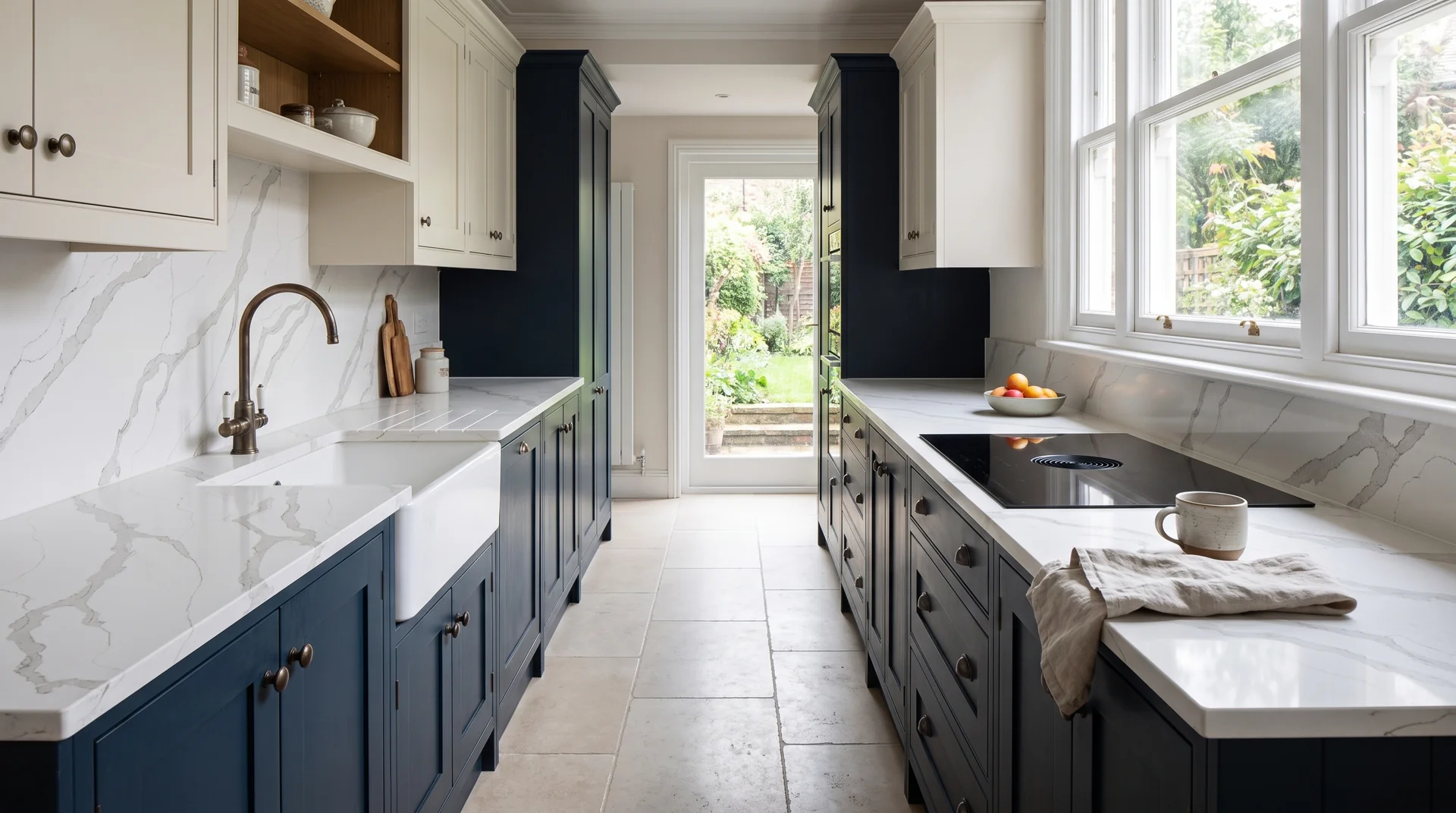 Calacatta Lusso Modern Quartz Stone worktop in a wide kitchen view