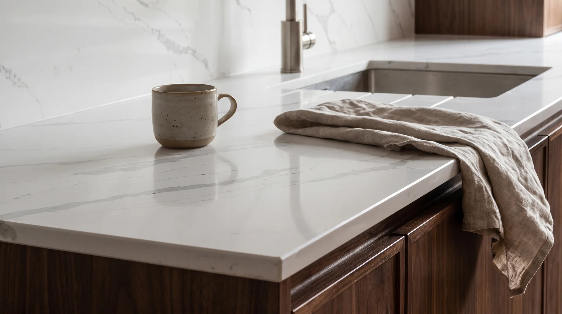 Calacatta Grigio quartz worktop close-up showing surface detail
