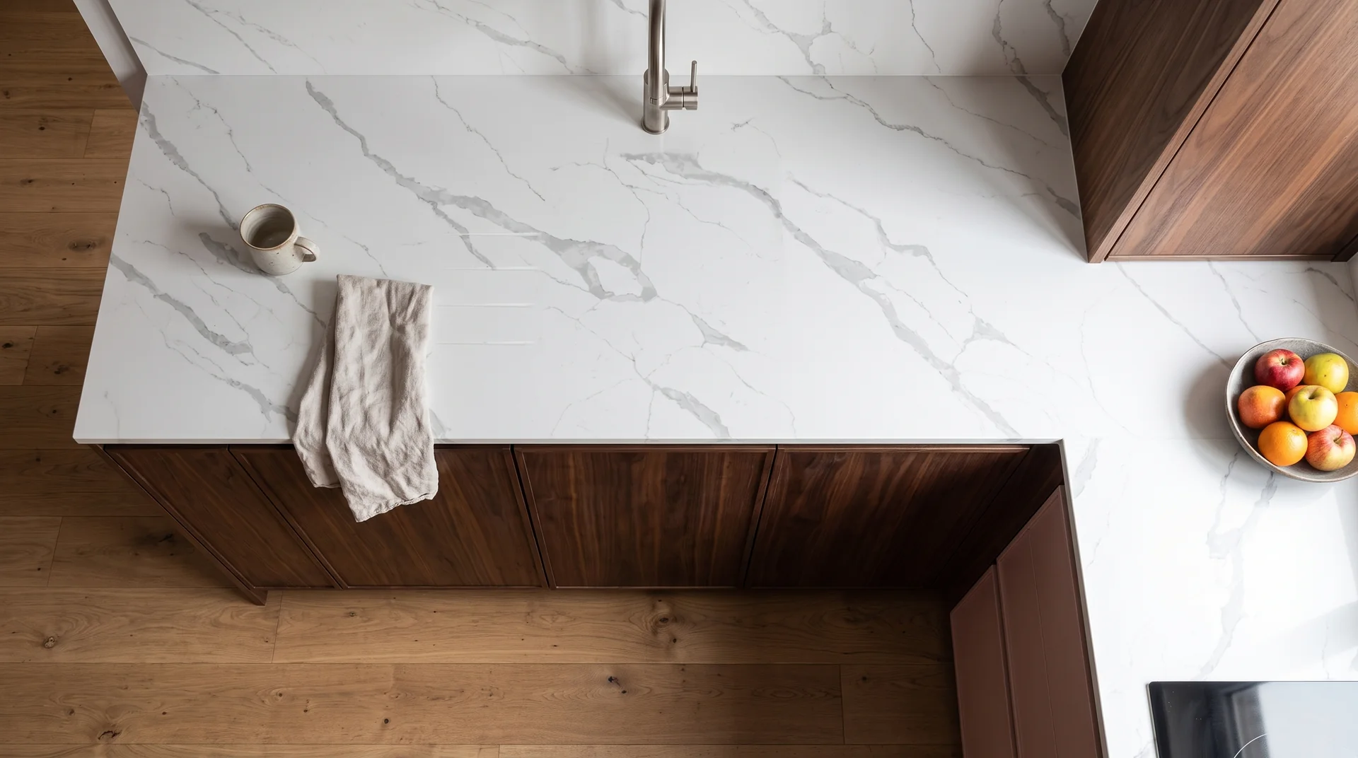 Calacatta Grigio quartz worktop shown from an overhead kitchen view