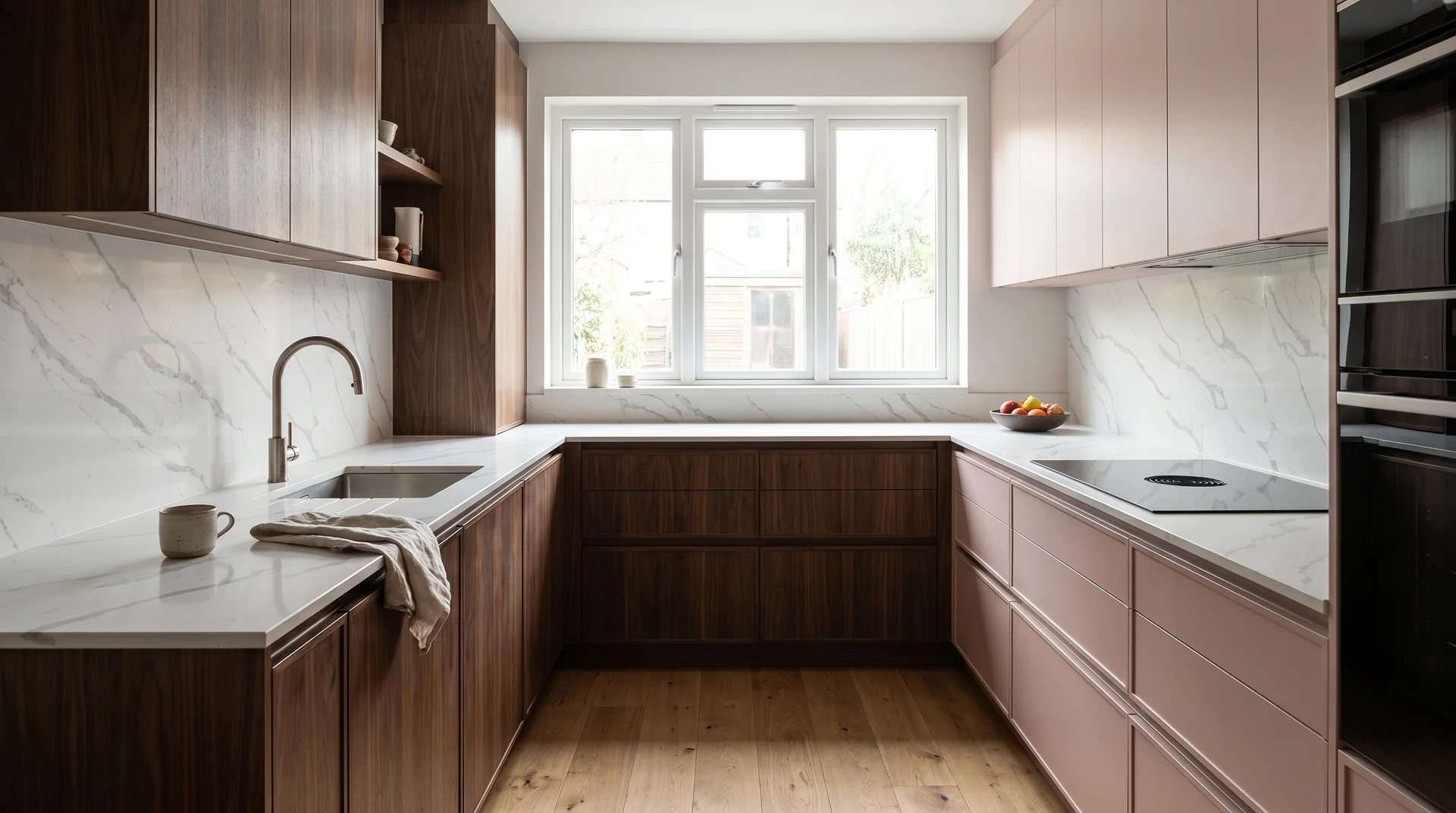 Calacatta Grigio Modern Quartz Stone worktop in a wide kitchen view