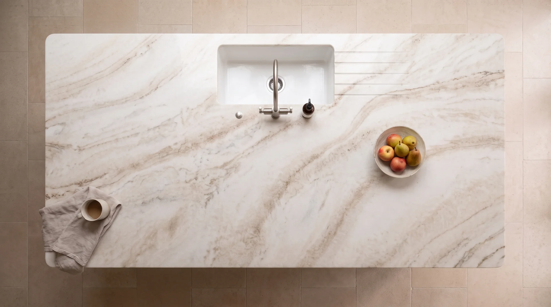 Taj Mahal quartz worktop shown from an overhead kitchen view