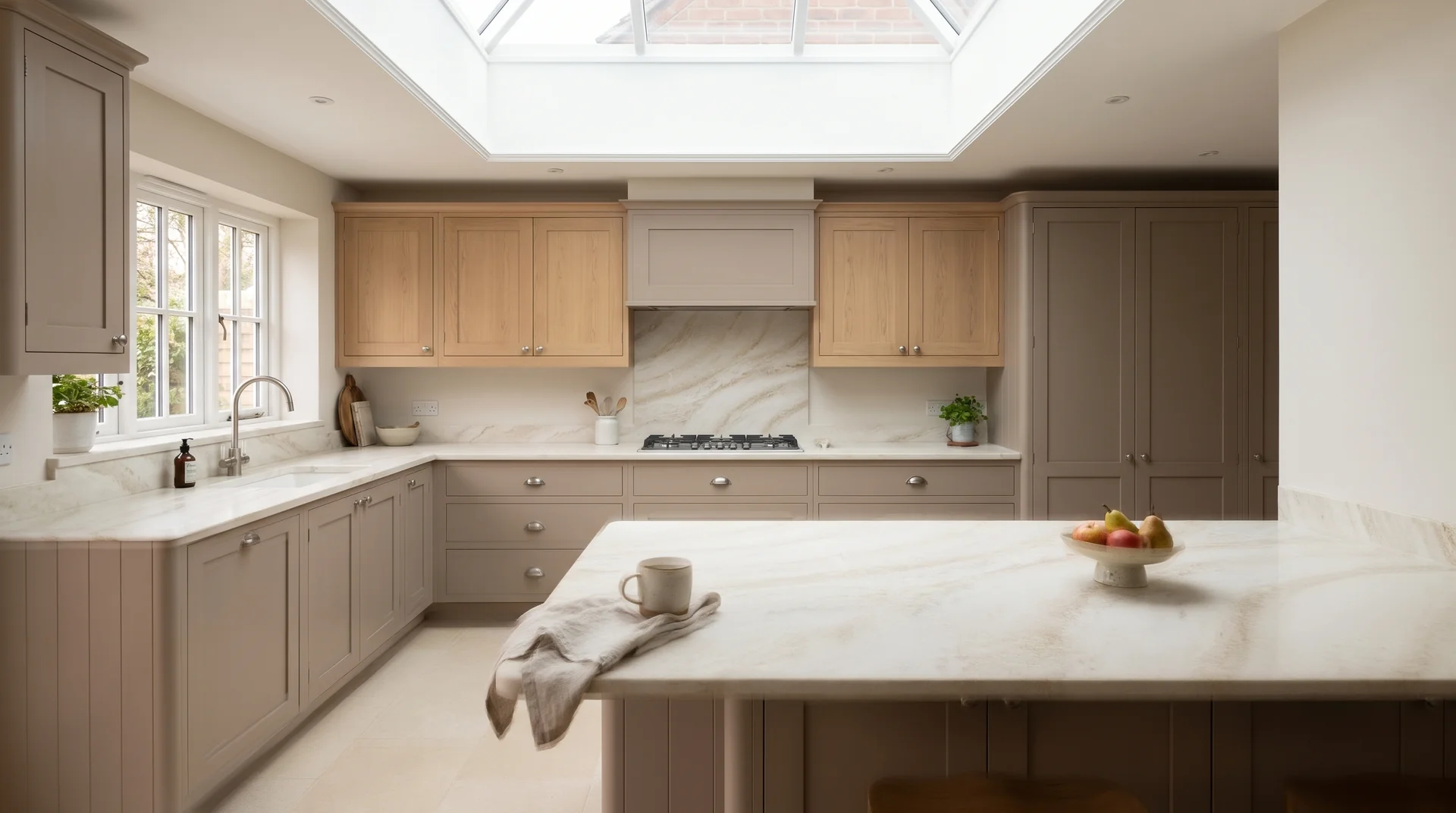 Taj Mahal Modern Quartz Stone worktop in a wide kitchen view