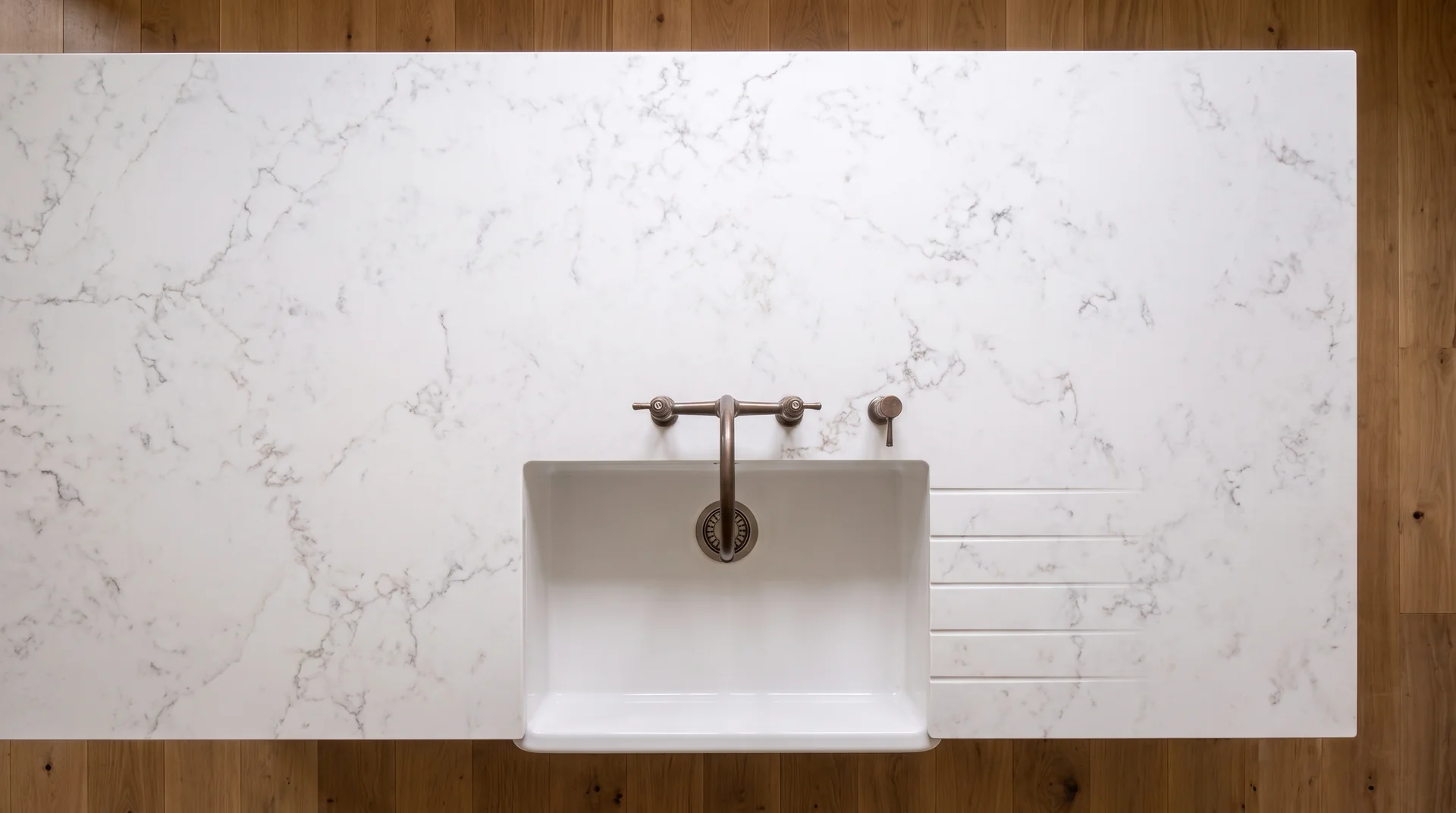 Ocean White quartz worktop shown from an overhead kitchen view