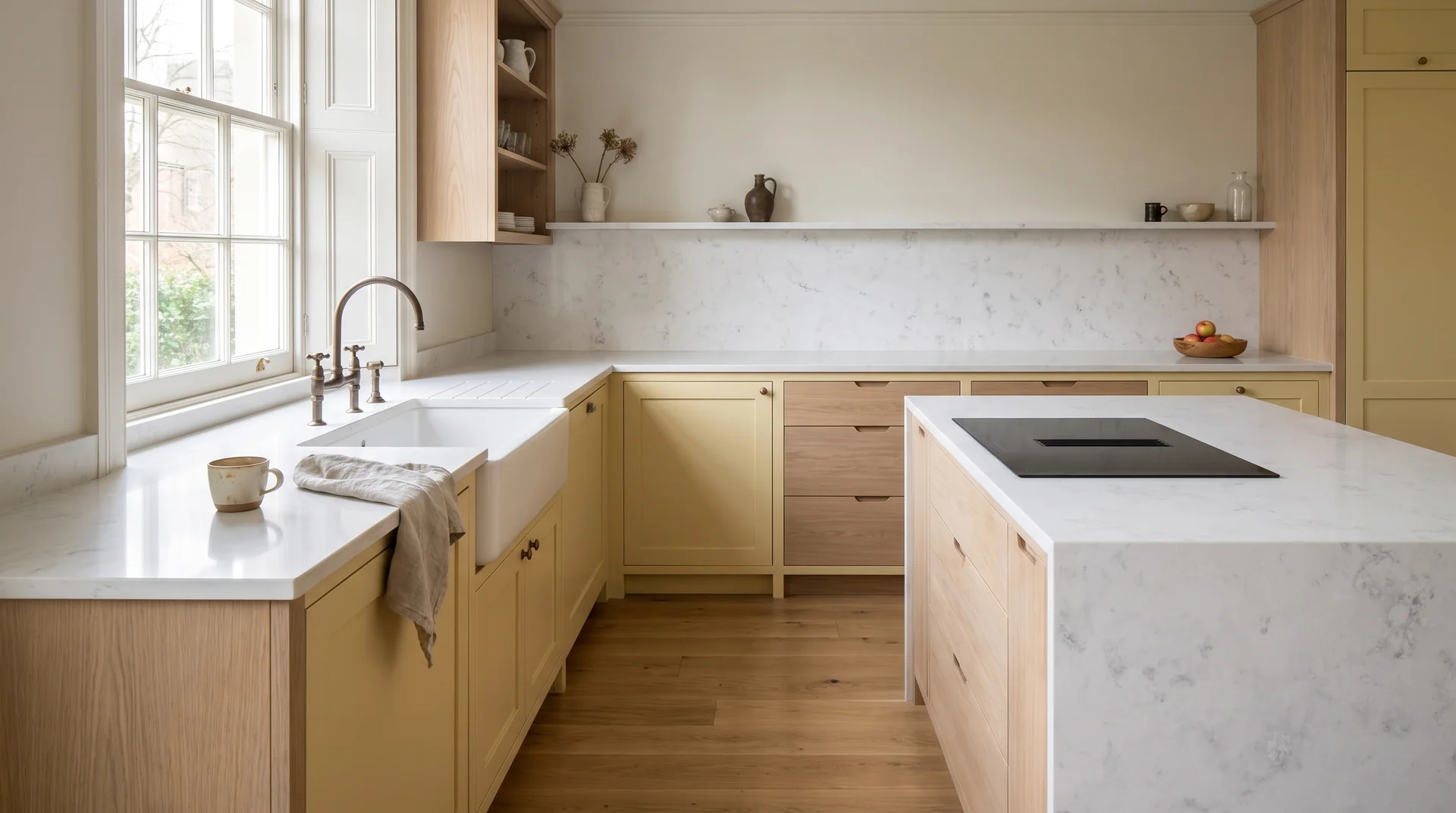 Ocean White Modern Quartz Stone worktop in a wide kitchen view