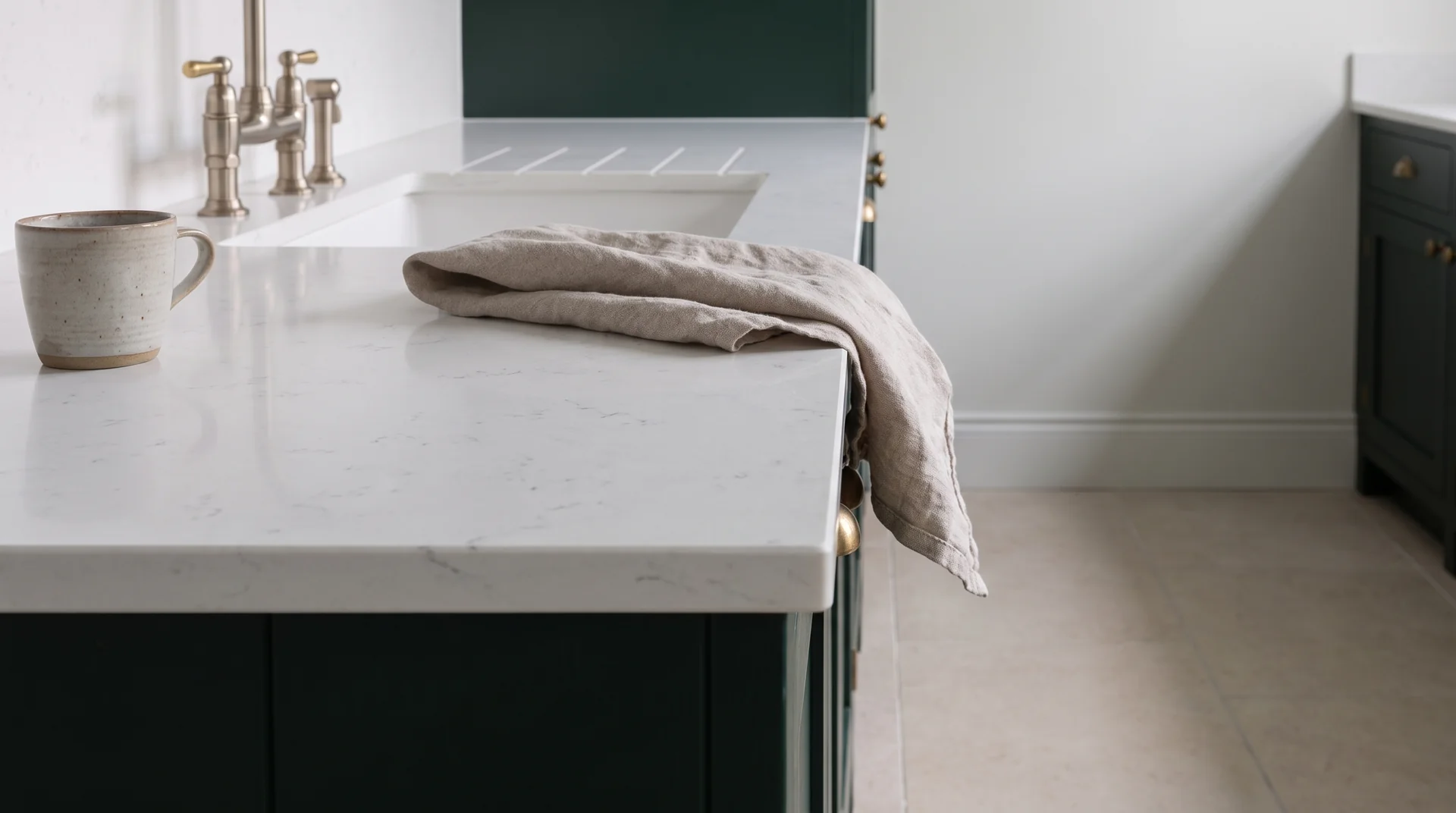 Carrara Onyx quartz worktop close-up showing surface detail