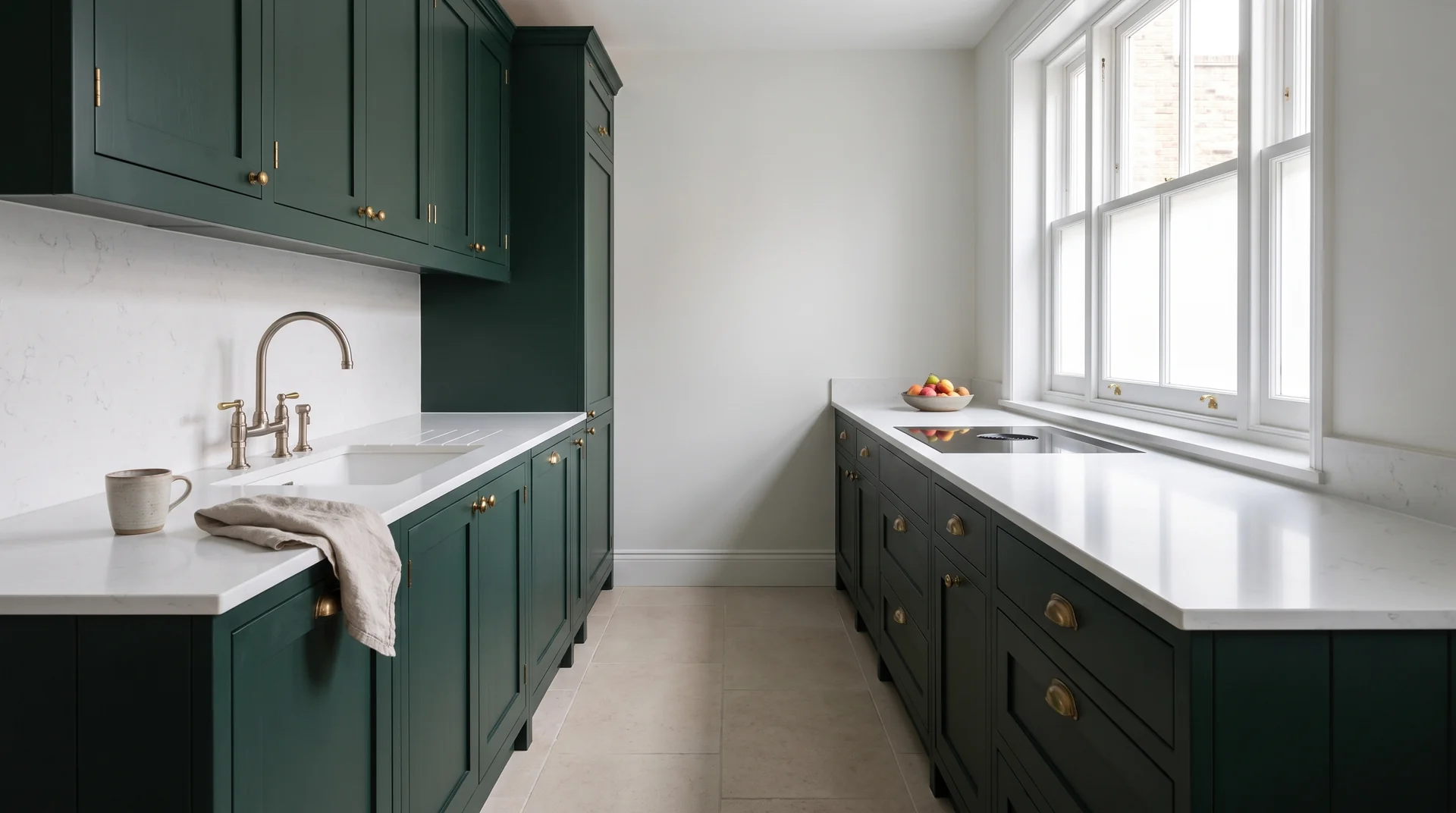 Carrara Onyx Modern Quartz Stone worktop in a wide kitchen view