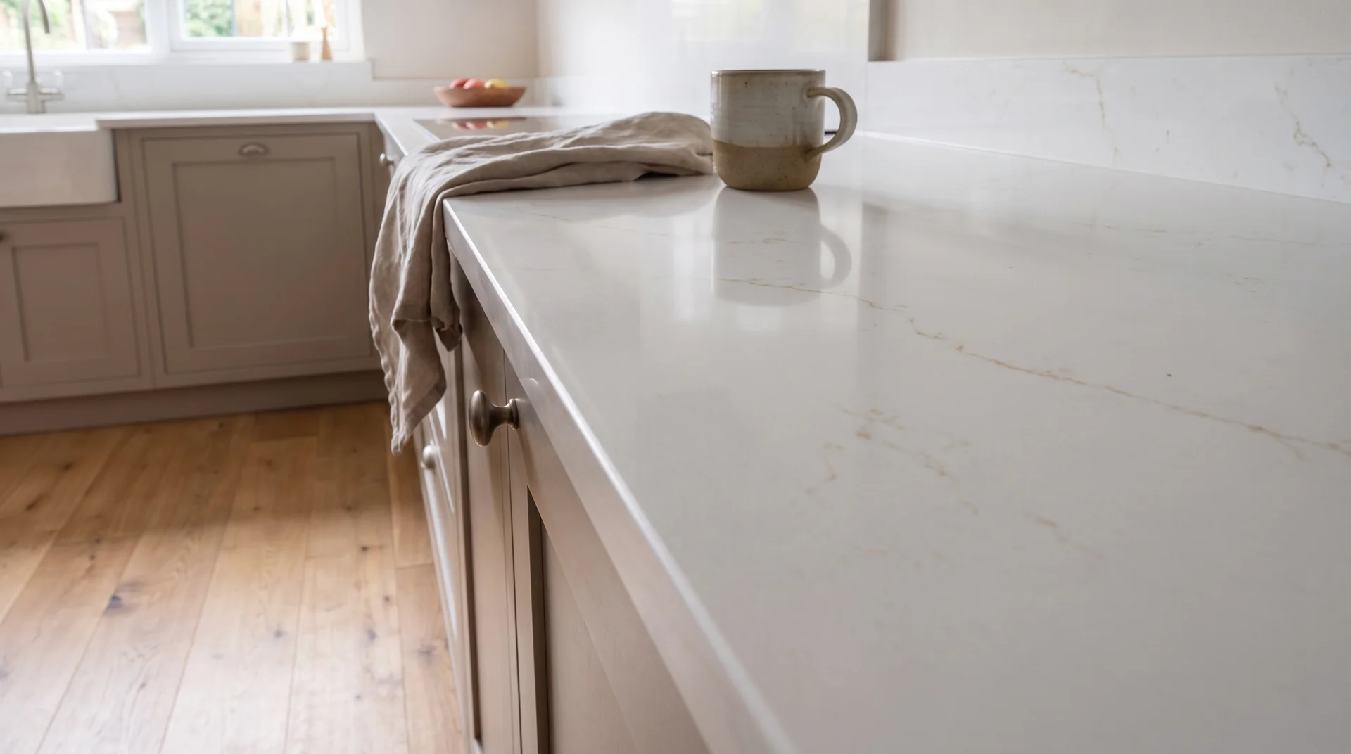 Misterio Onyx Gold quartz worktop close-up showing surface detail