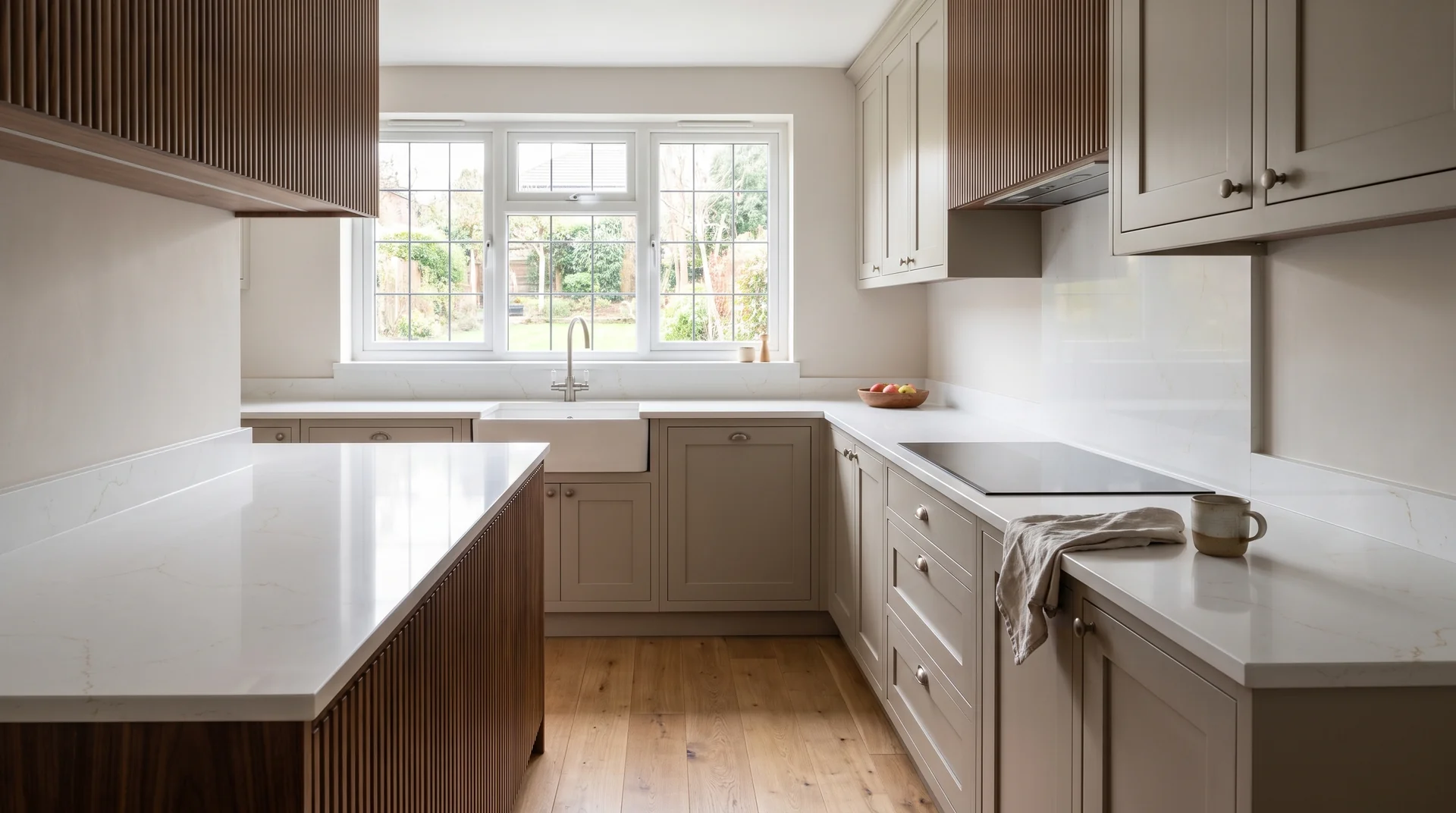 Misterio Onyx Gold Modern Quartz Stone worktop in a wide kitchen view