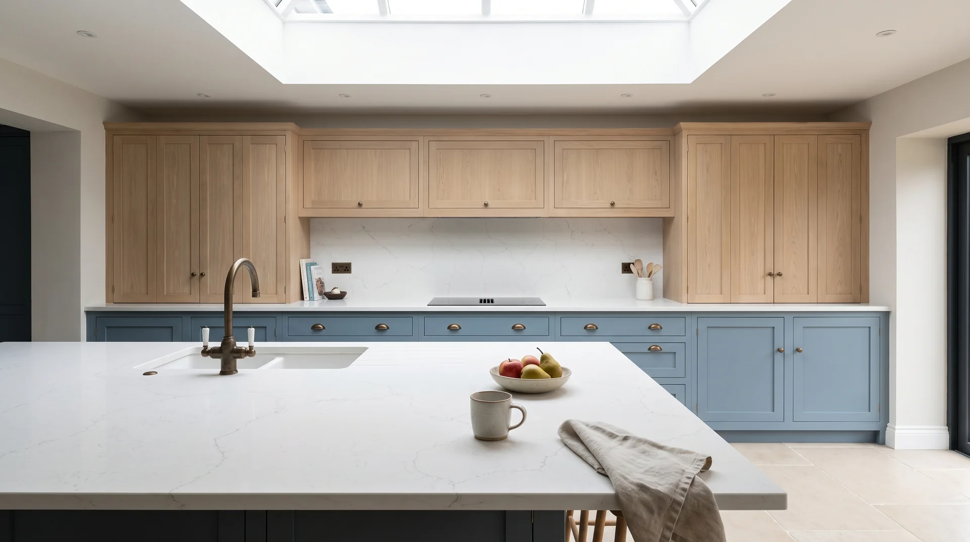 Misterio Onyx Modern Quartz Stone worktop in a wide kitchen view