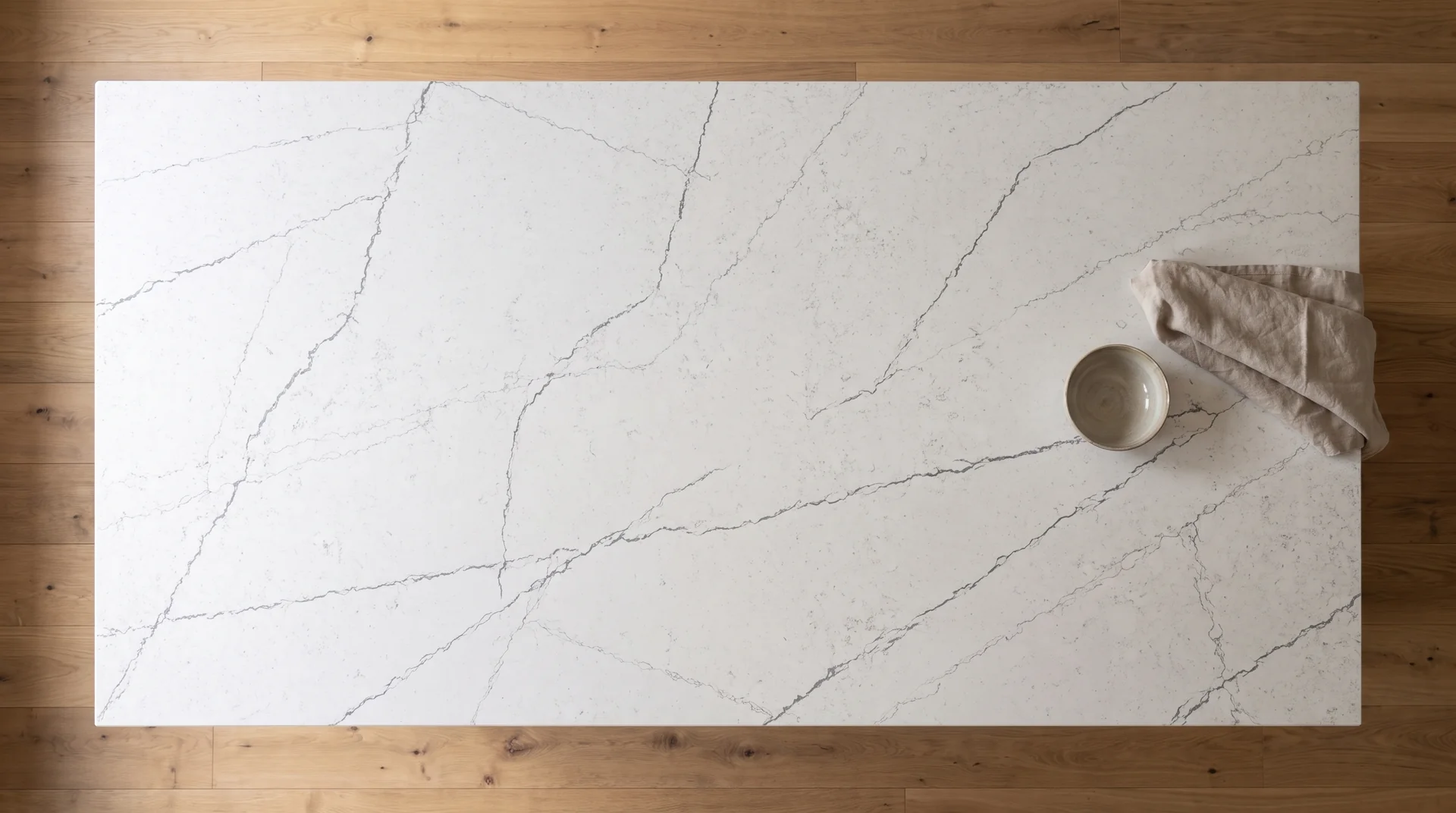 Thunder Grey Leather quartz worktop shown from an overhead kitchen view