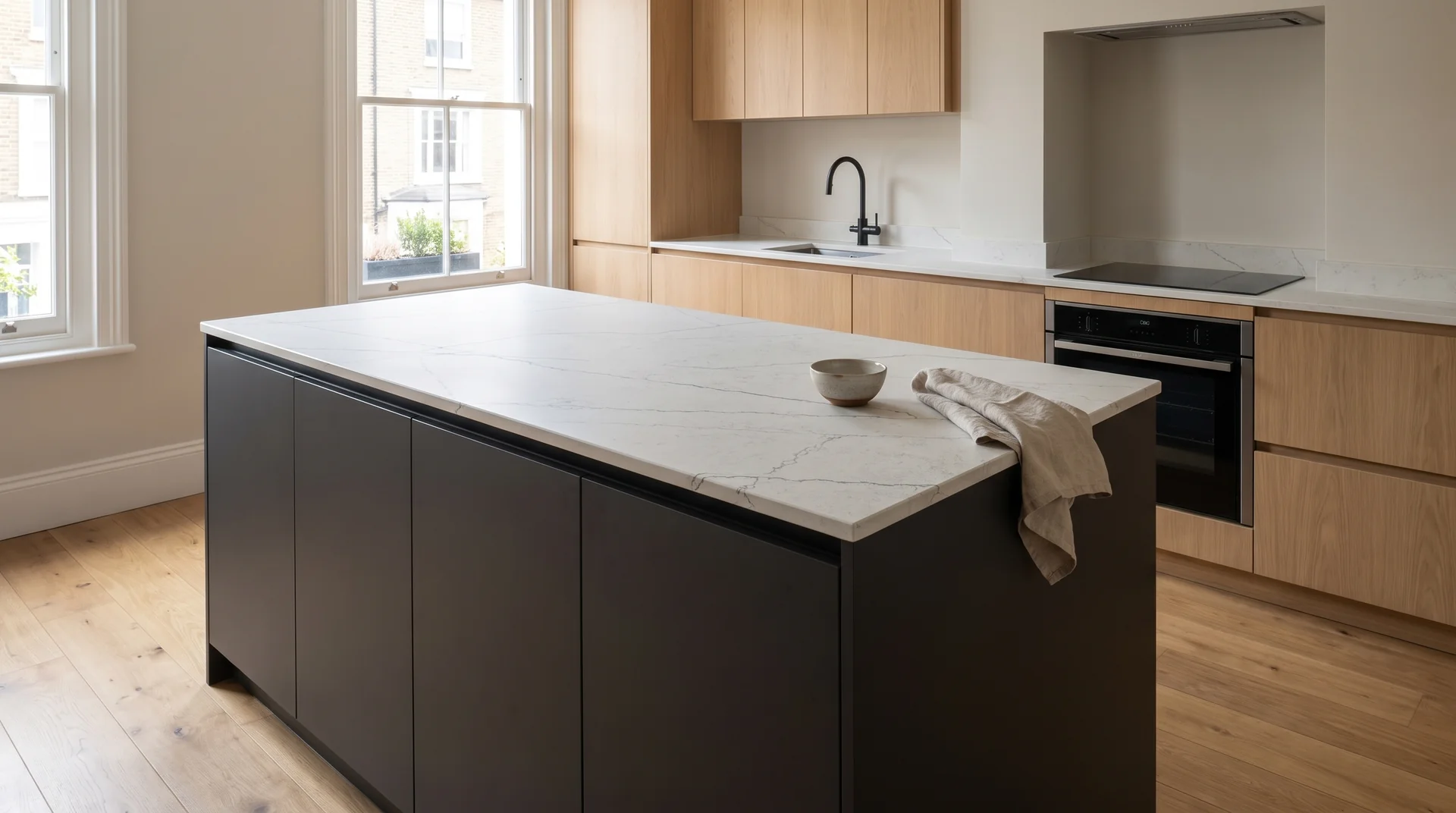 Thunder Grey Leather Modern Quartz Stone worktop in a wide kitchen view