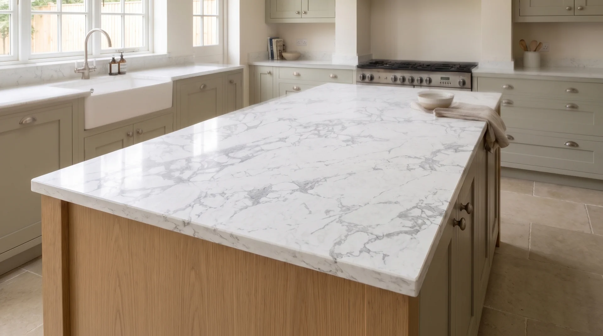 Bianco Eclipse quartz worktop close-up showing surface detail