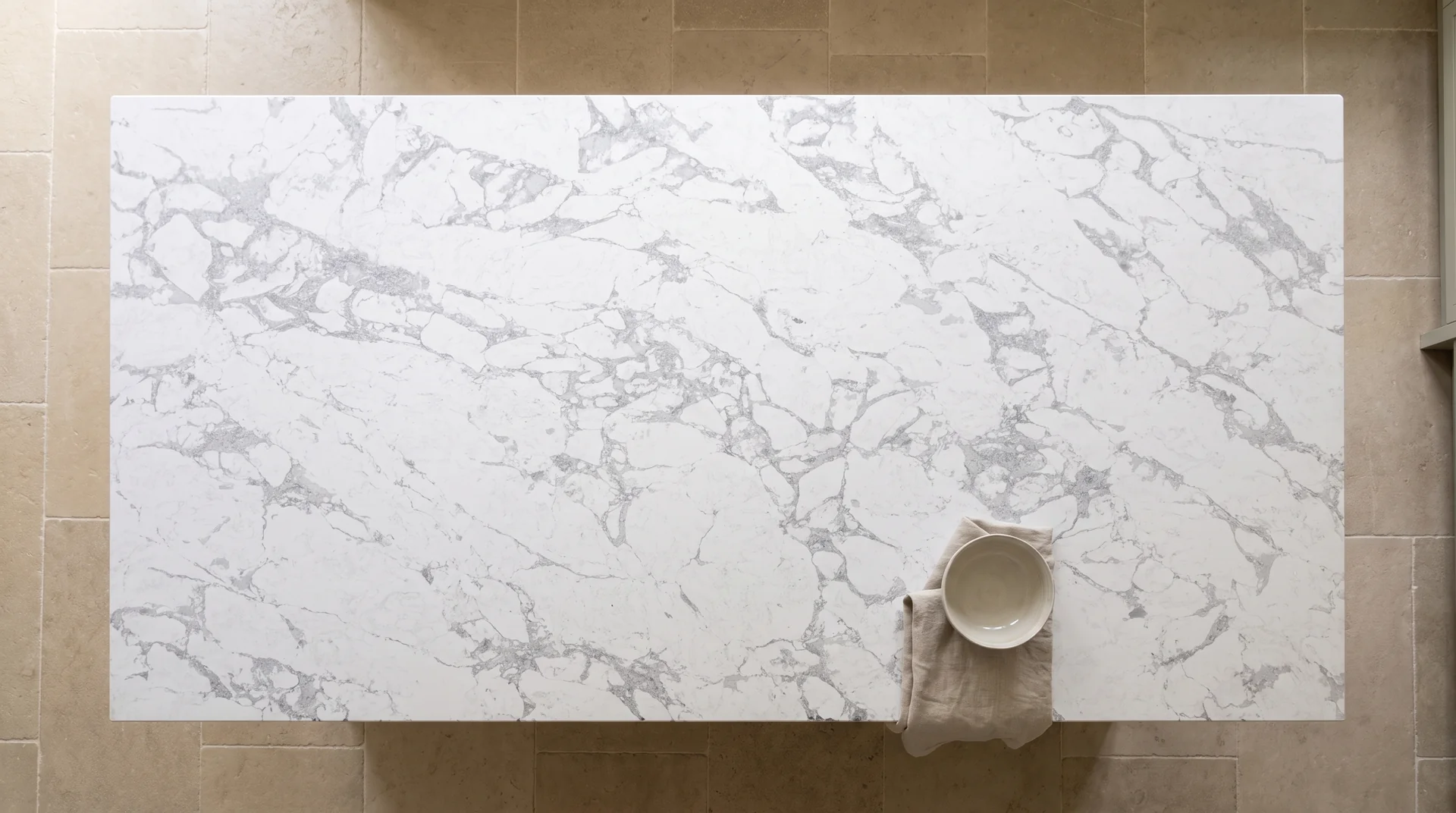 Bianco Eclipse quartz worktop shown from an overhead kitchen view