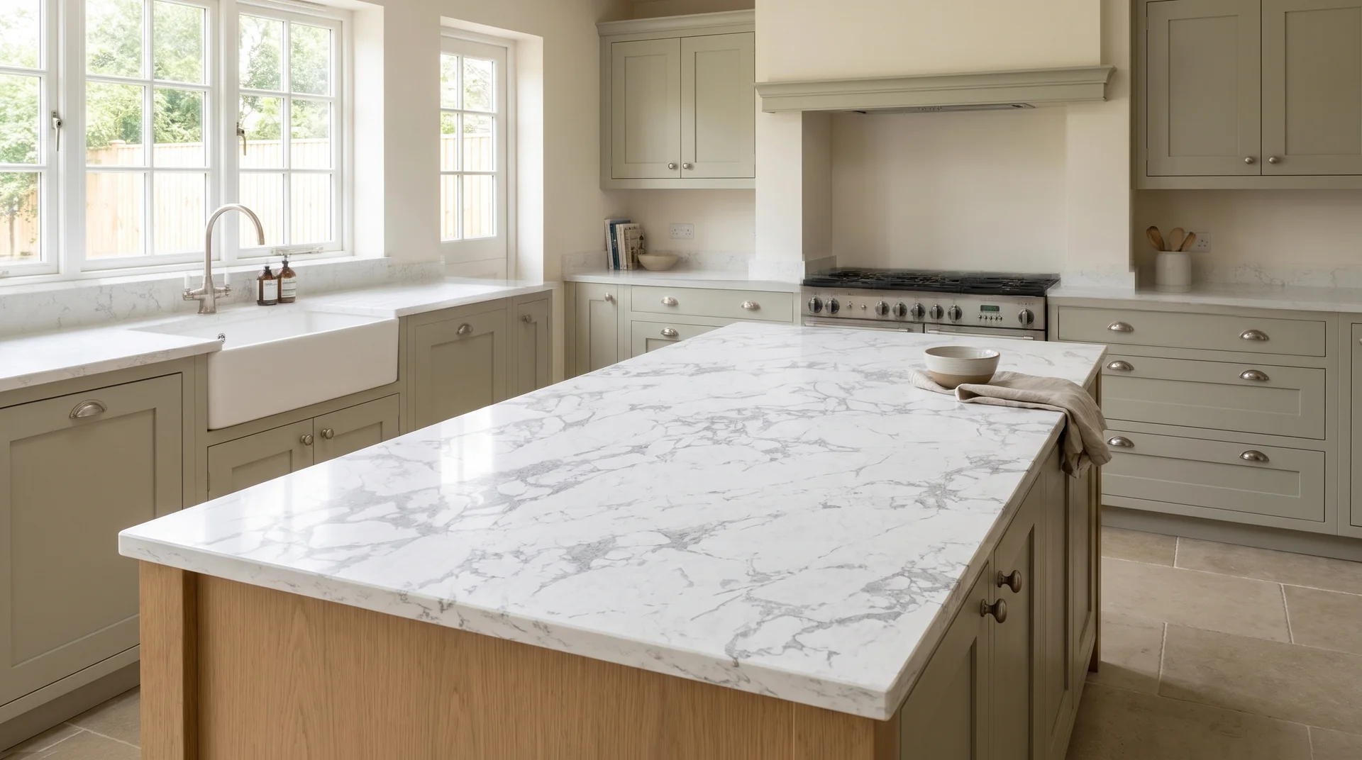 Bianco Eclipse Modern Quartz Stone worktop in a wide kitchen view