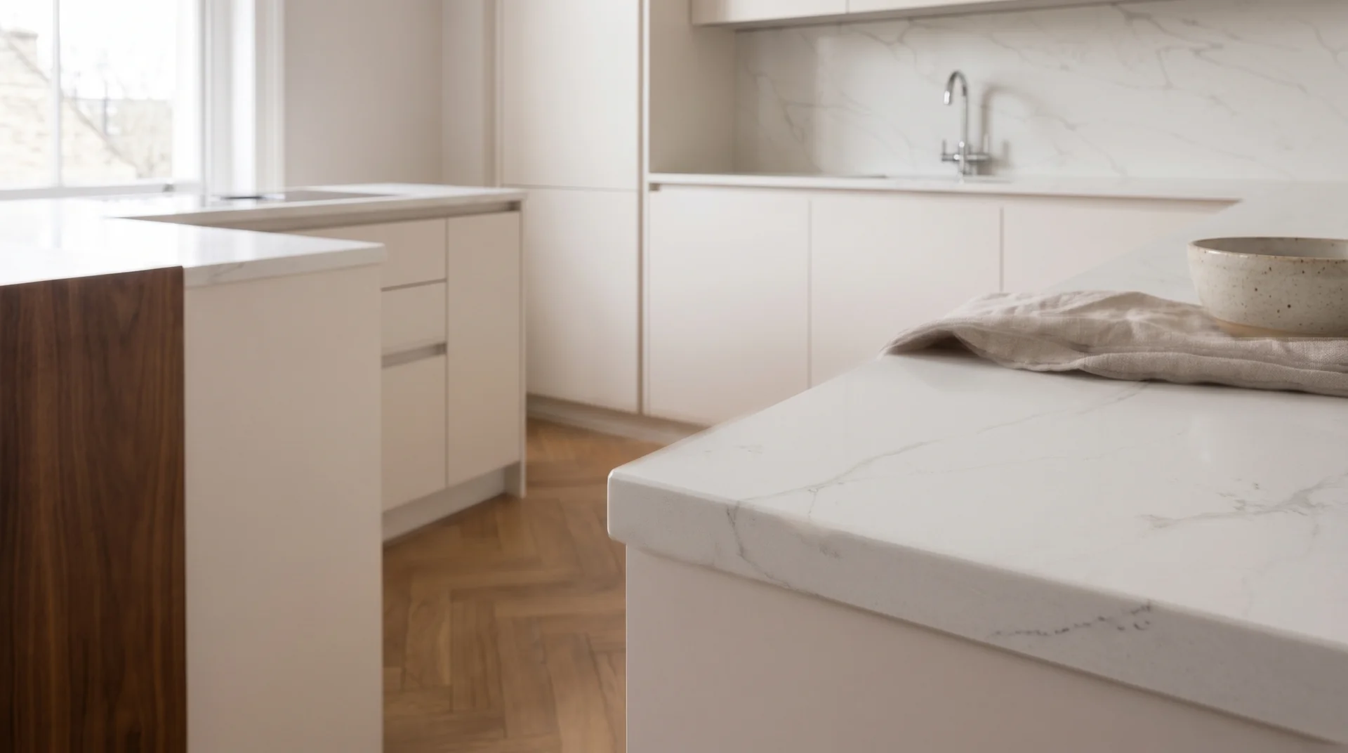 Calacatta Supreme quartz worktop close-up showing surface detail