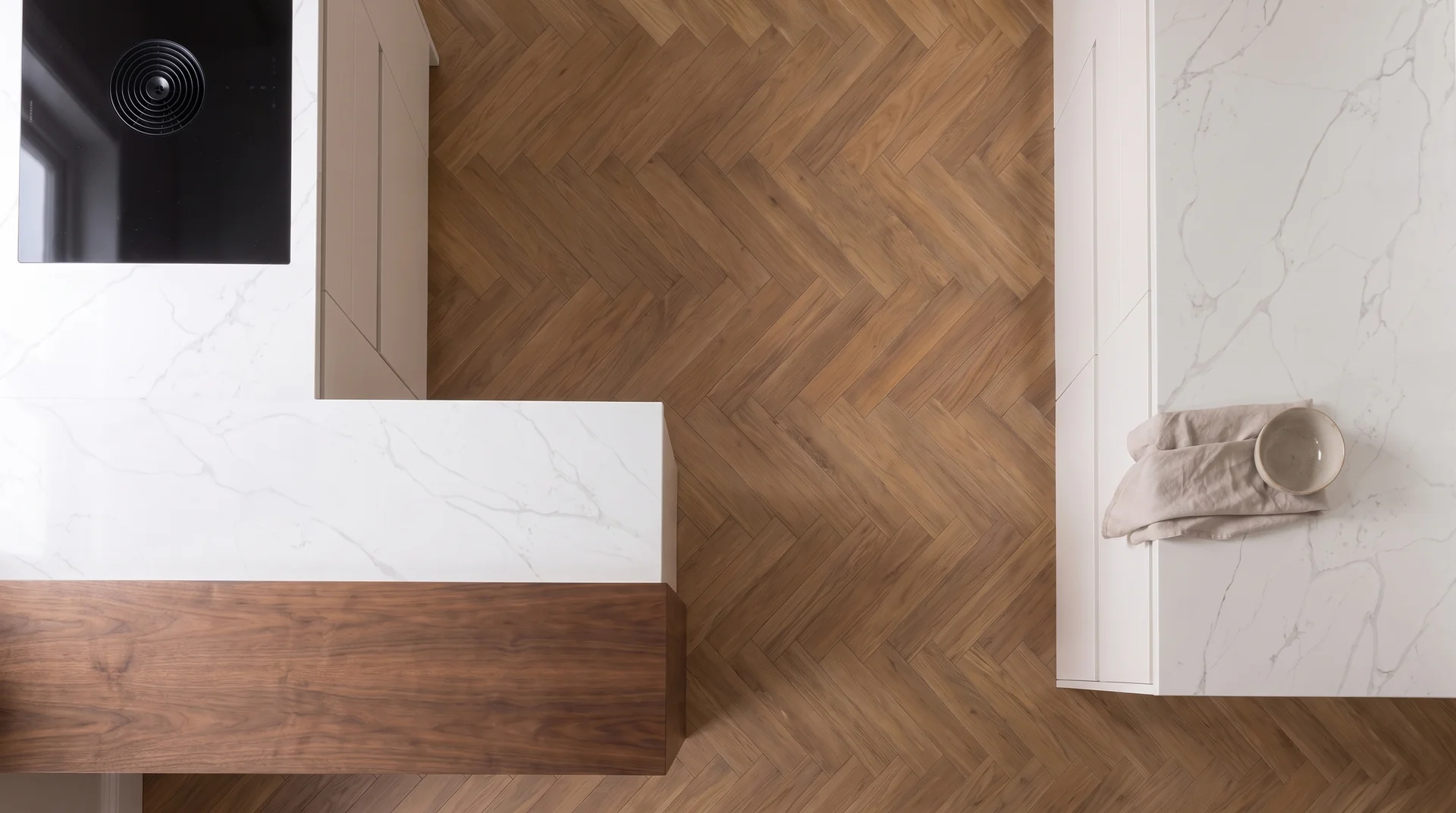 Calacatta Supreme quartz worktop shown from an overhead kitchen view