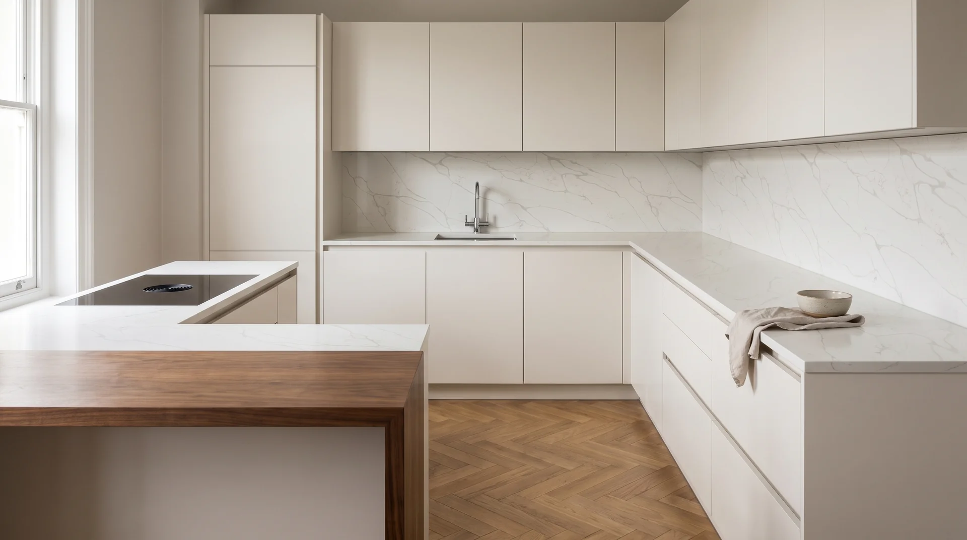 Calacatta Supreme Modern Quartz Stone worktop in a wide kitchen view