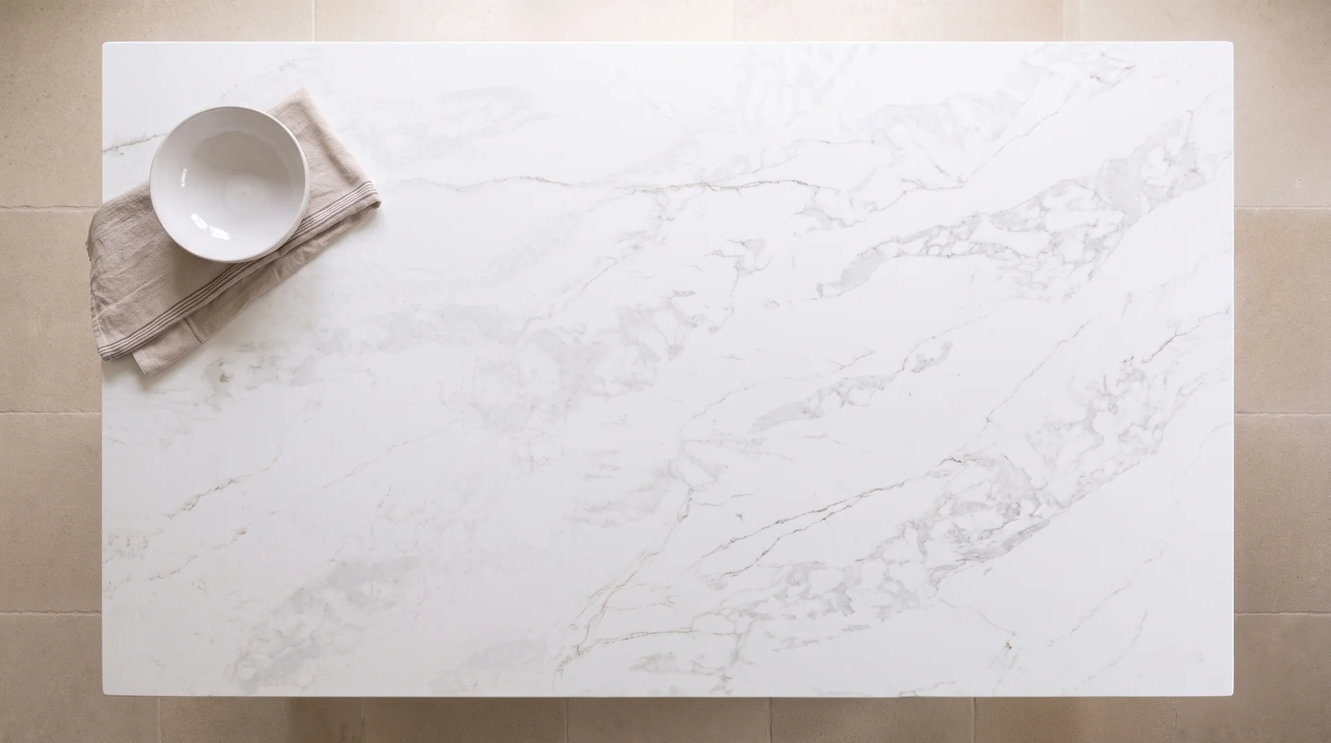 Miami Gold quartz worktop shown from an overhead kitchen view
